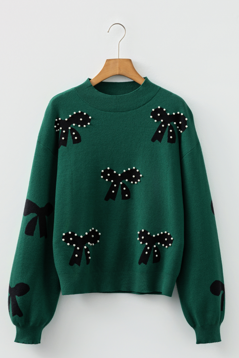 Bright Pink Pearl Embellished Bow Pattern Loose Sweater - loveforevers