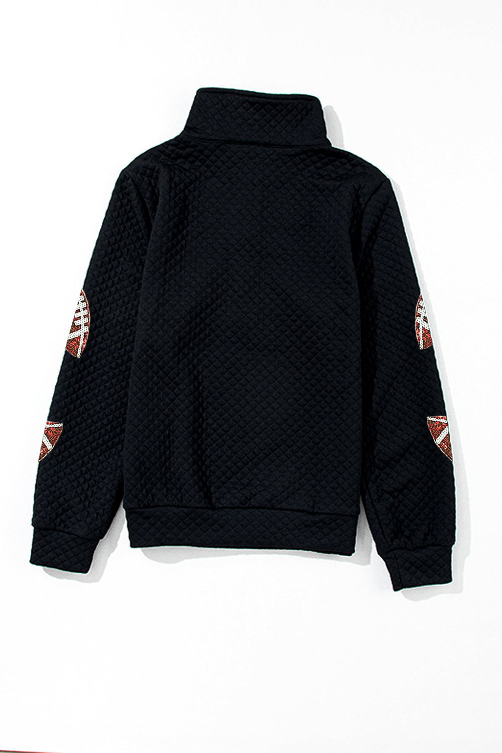 Black Sequin Rugby Football Patched Quarter Zip Textured Sweatshirt - loveforevers