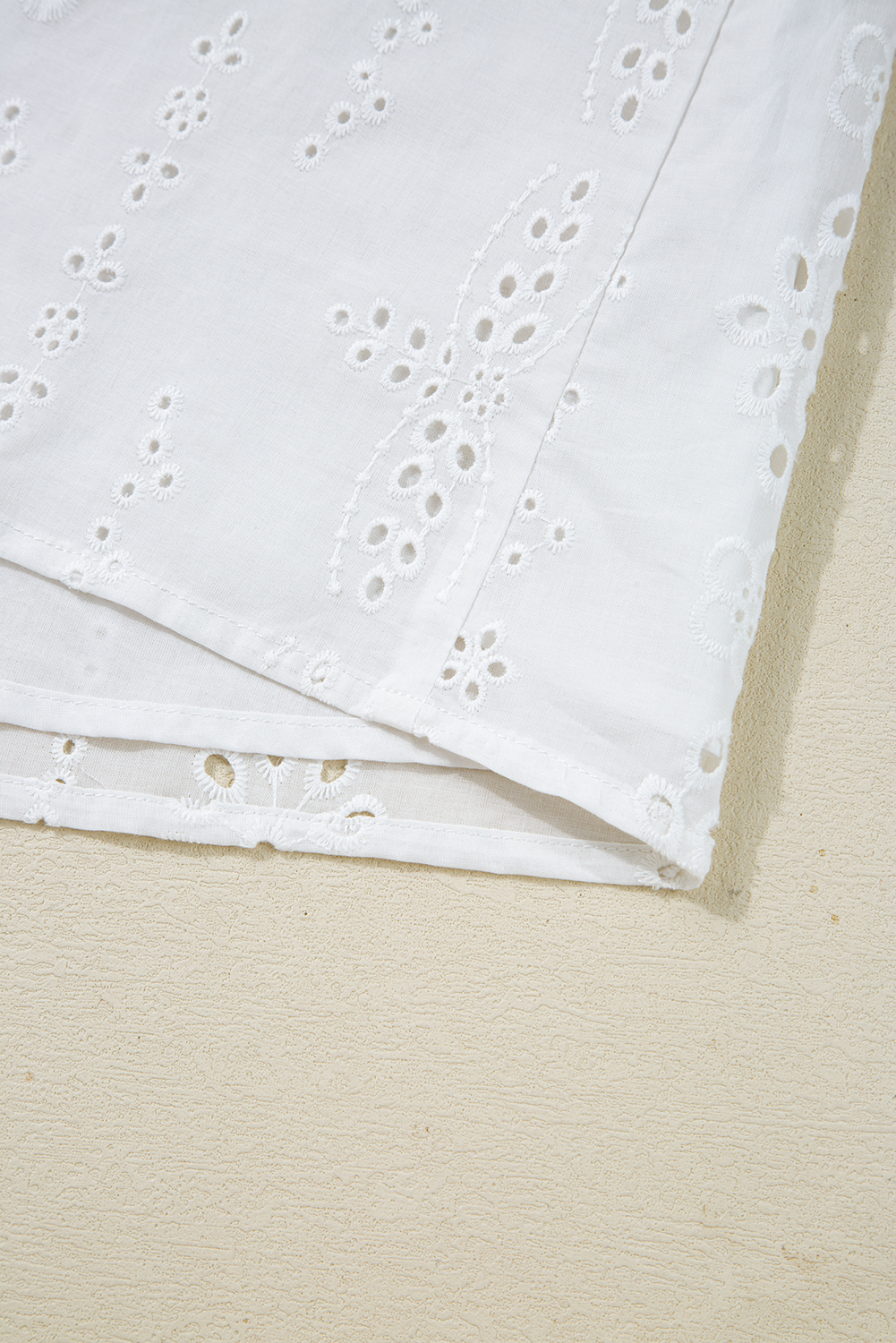 White Eyelet Embroidered Smocked Cuff Sheer Blouse - loveforevers