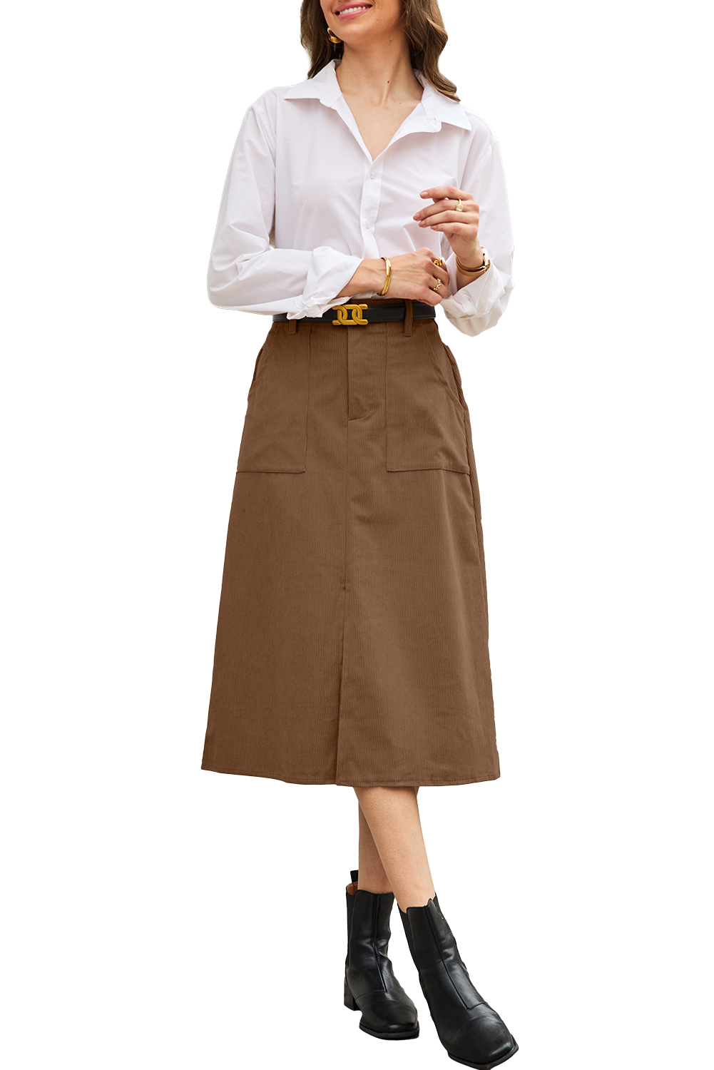 Coffee Front Slit Shift High Waist Midi Skirt - loveforevers