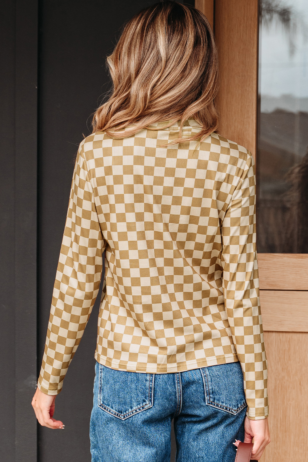Khaki Check Pattern Turtleneck Ribbed Slim Long Sleeve Tee - loveforevers