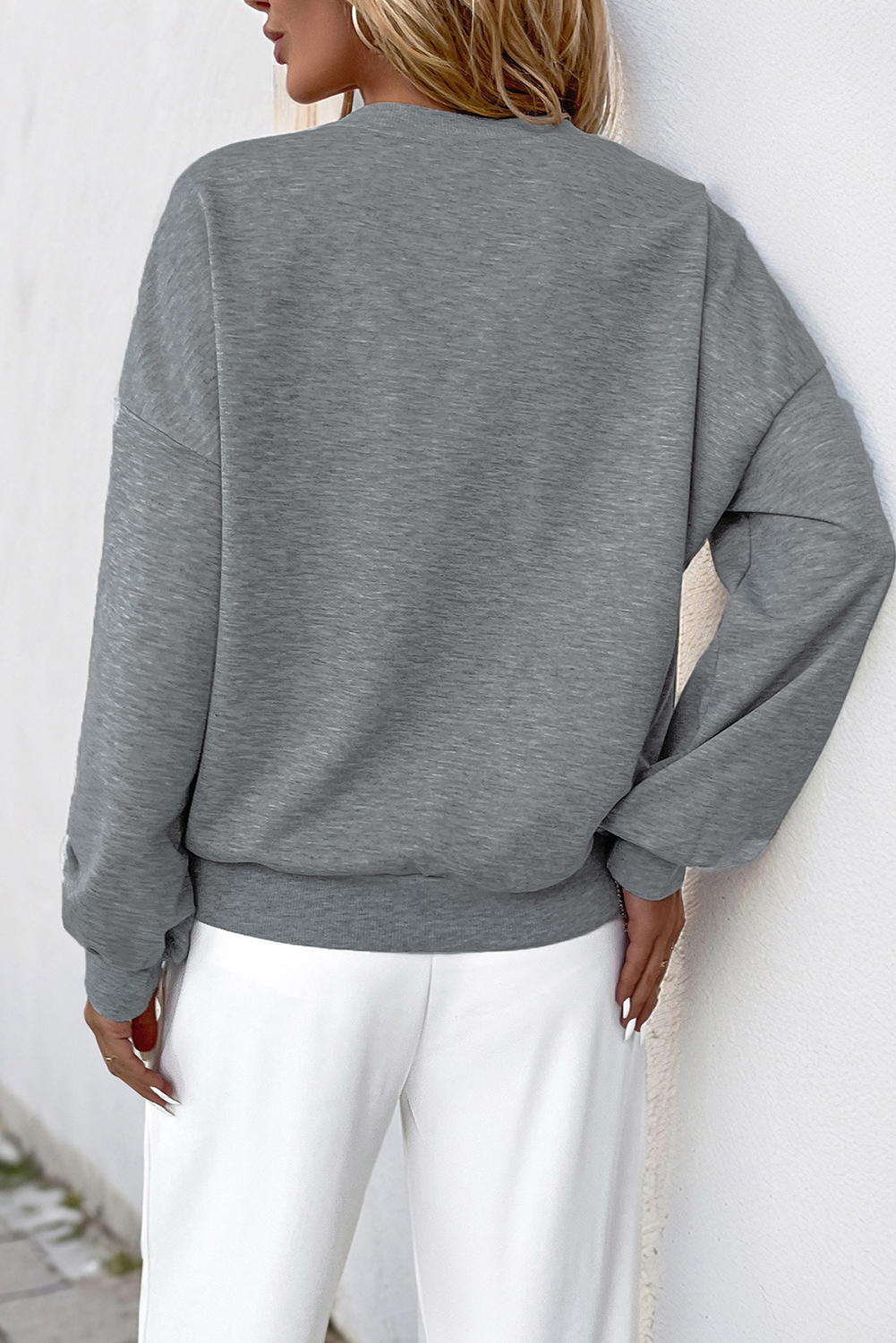 Medium Grey Pearl Embellished Hollow Out Flower Pattern Drop Shoulder Sweatshirt - loveforevers