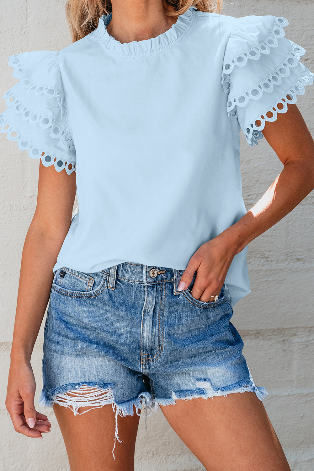 Beau Blue Layered Ric Rac Cap Sleeve Filled Neck Blouse - loveforevers