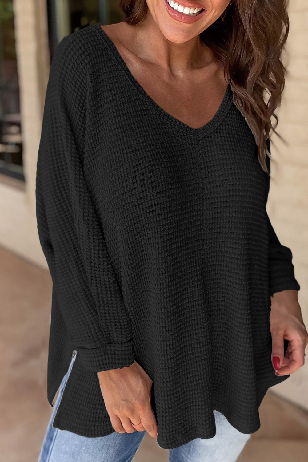 White Waffle Knit Side Slits Loose Fit V Neck Top - loveforevers