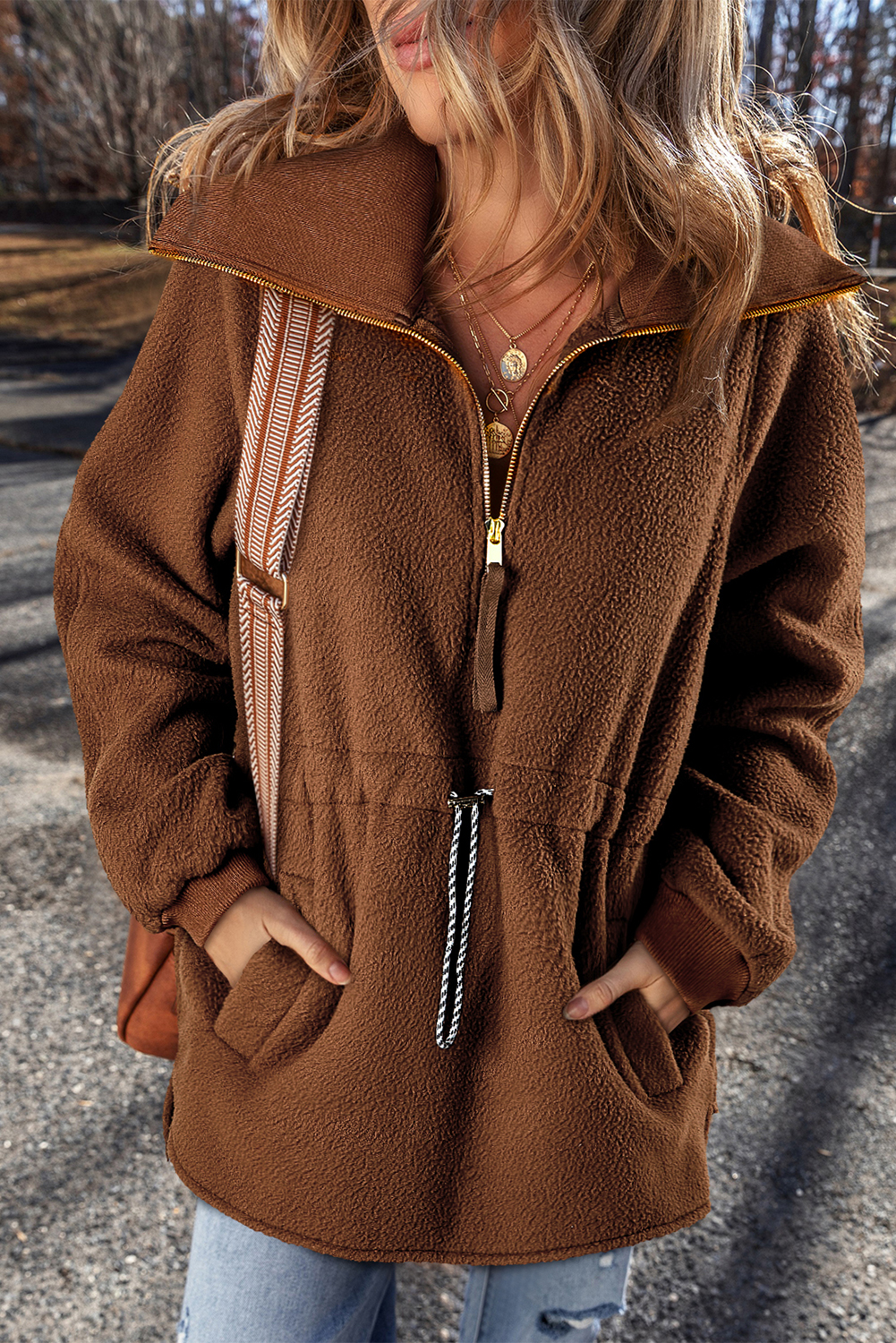 Brown Half Zip Fleece Pullover Sweatshirt - loveforevers