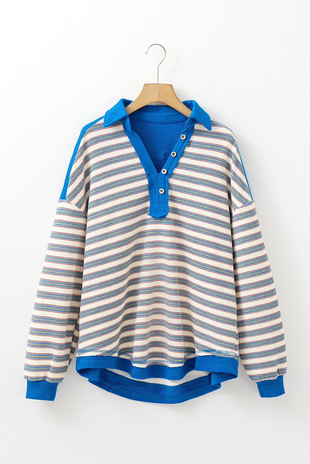 Red Stripe Buttoned V Neck Collared Drop Shoulder Top - loveforevers