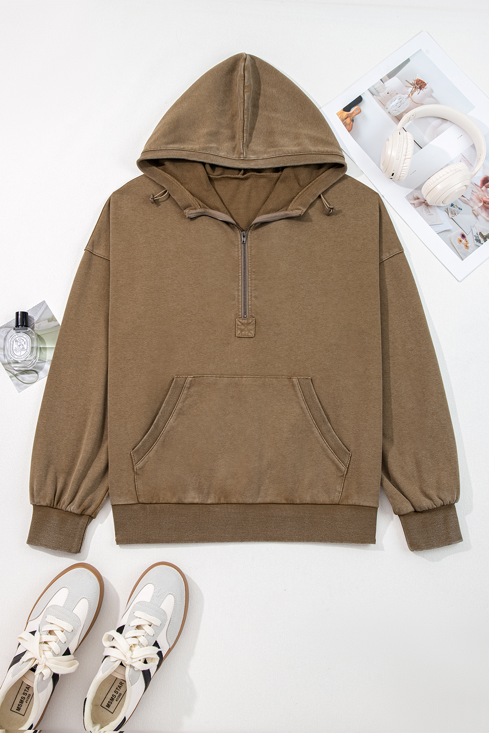 Canton Half Zip Kangaroo Pocket Mineral Wash Baggy Hoodie - loveforevers