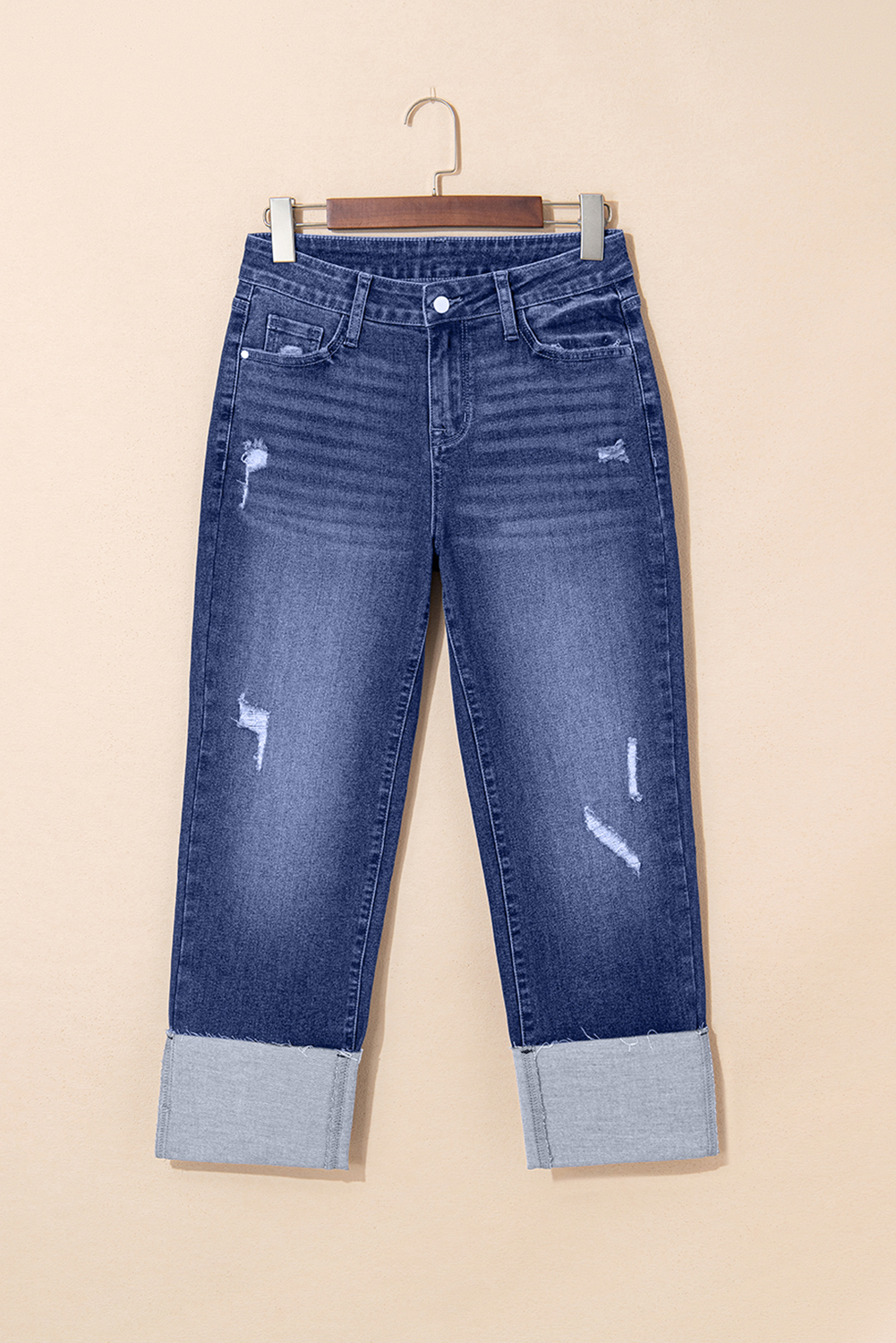 Real Teal Folded Cuffs Distressed Straight High Waist Jeans - loveforevers