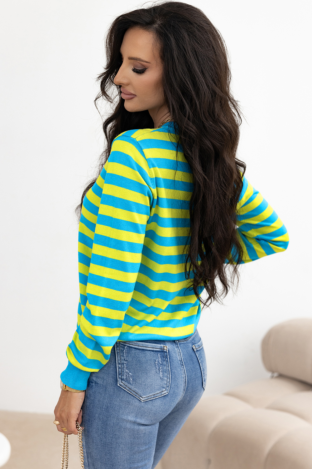 Green Stripe Crew Neck Drop Shoulder Casual Sweater - loveforevers