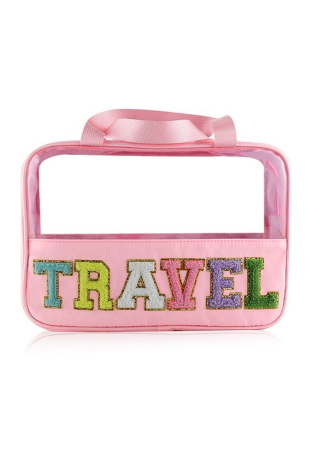 Light Pink TRAVEL Chenille Letter Clear PVC Makeup Bag - loveforevers