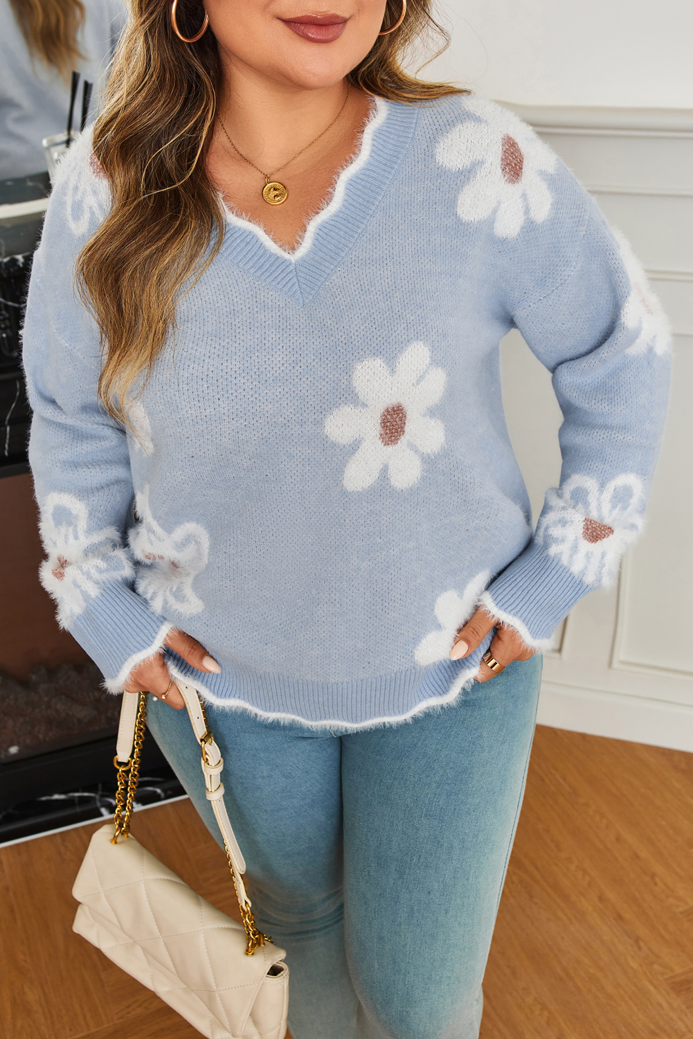 Gray Fuzzy Flower Scalloped V Neck Plus Sweater - loveforevers