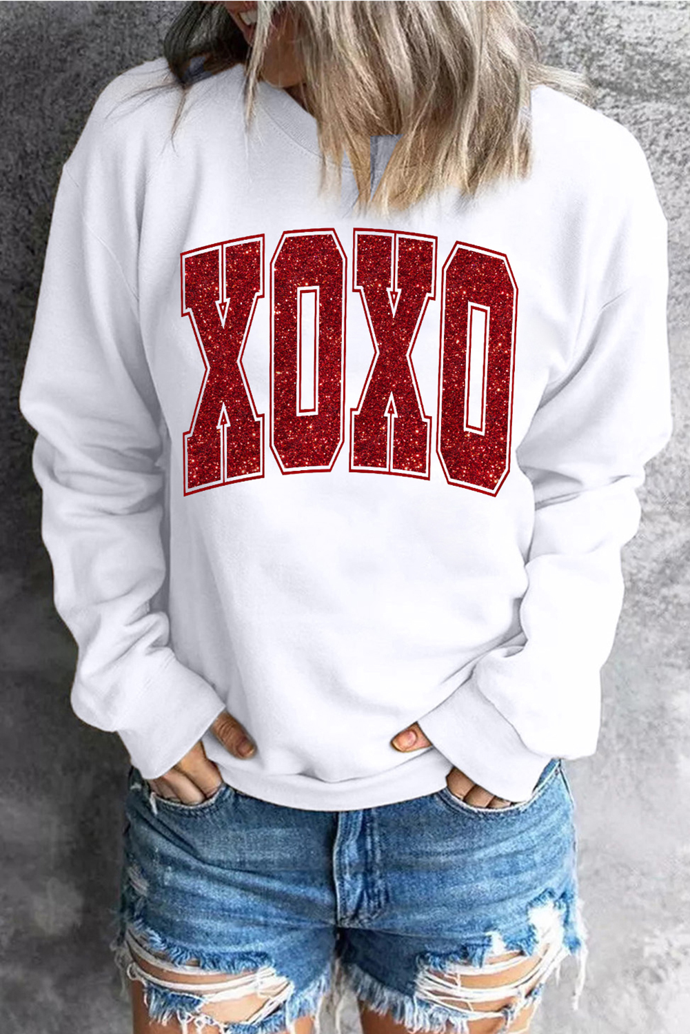 White Glitter XOXO Graphic Crewneck Valentines Pullover Sweatshirt - loveforevers