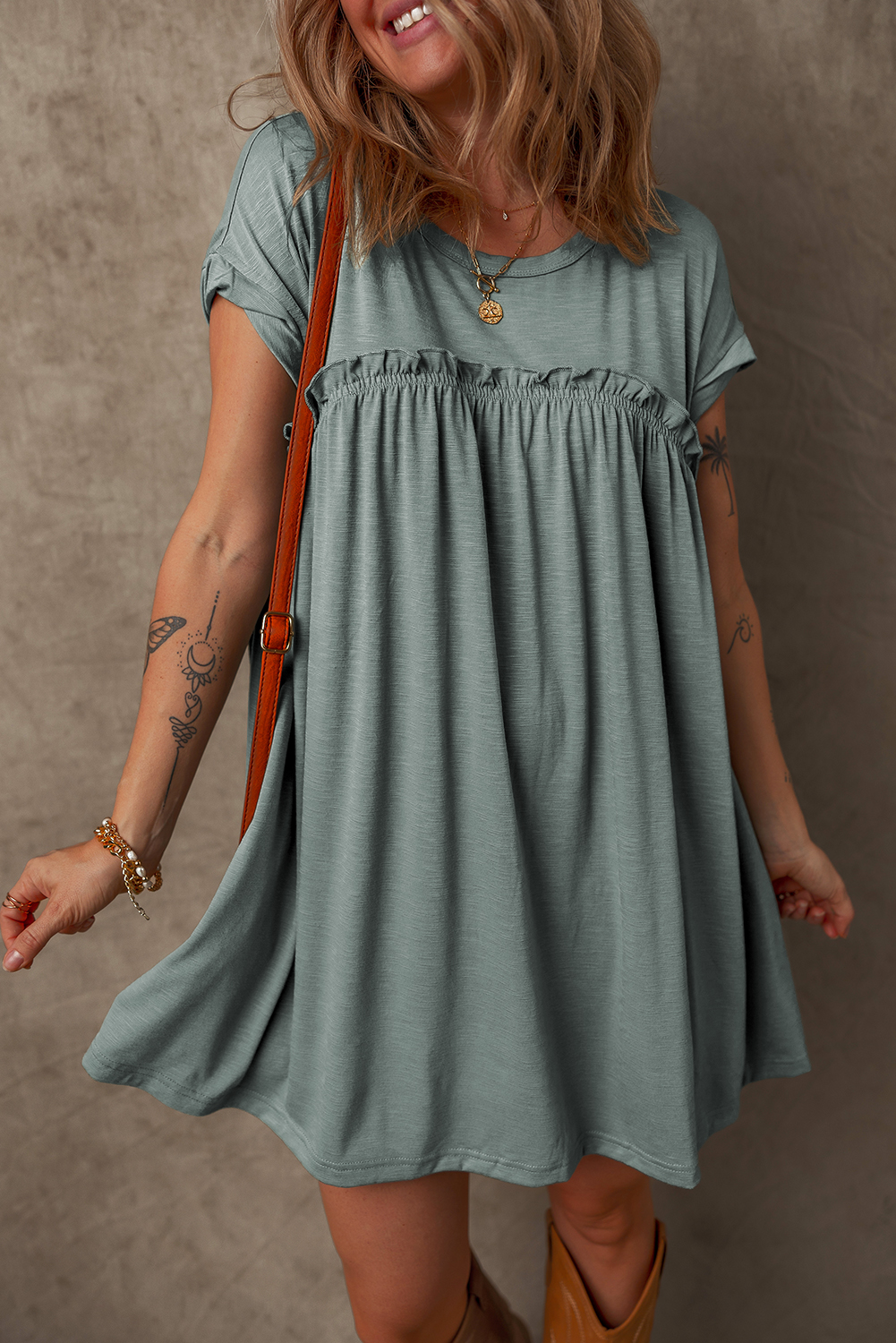 Mist Green Frilled Gathered Seam Round Neck T Shirt Dress - loveforevers