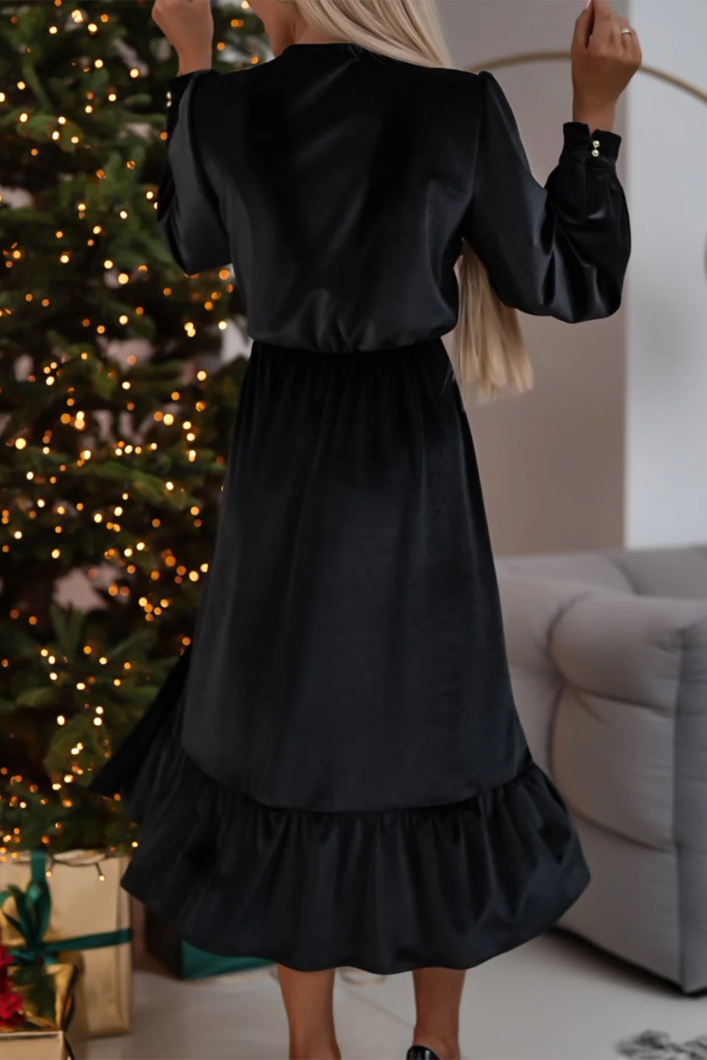 Dearlove Racing Red Velvet Buttoned Puff Sleeve V Neck Split Midi Dress - loveforevers