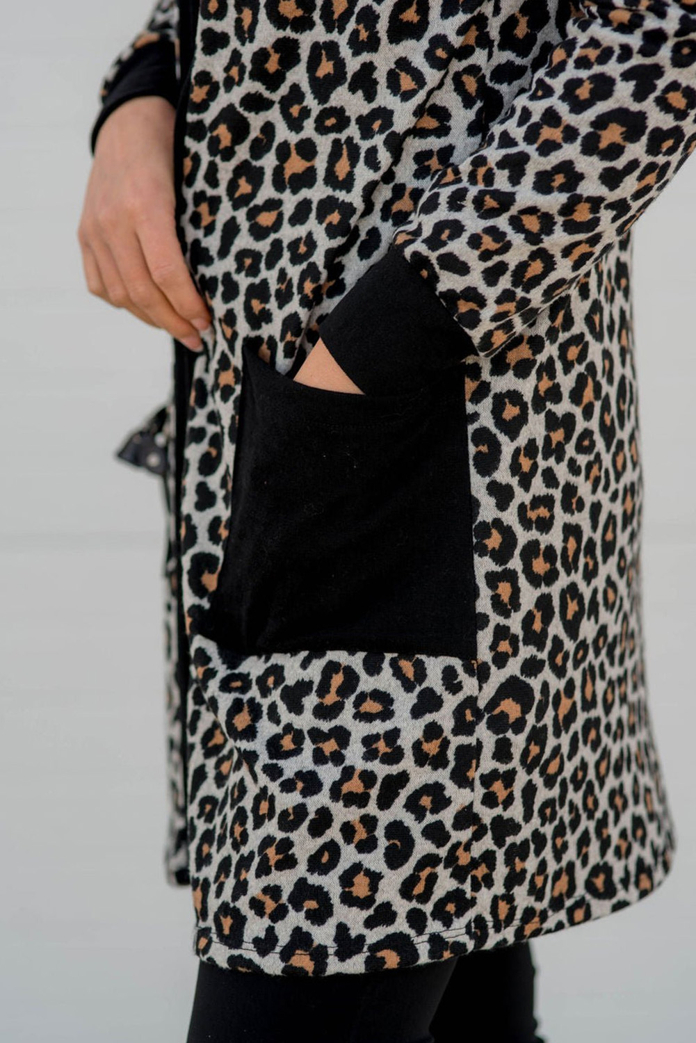 Black Leopard Patched Pocket Open Front Cardigan - loveforevers