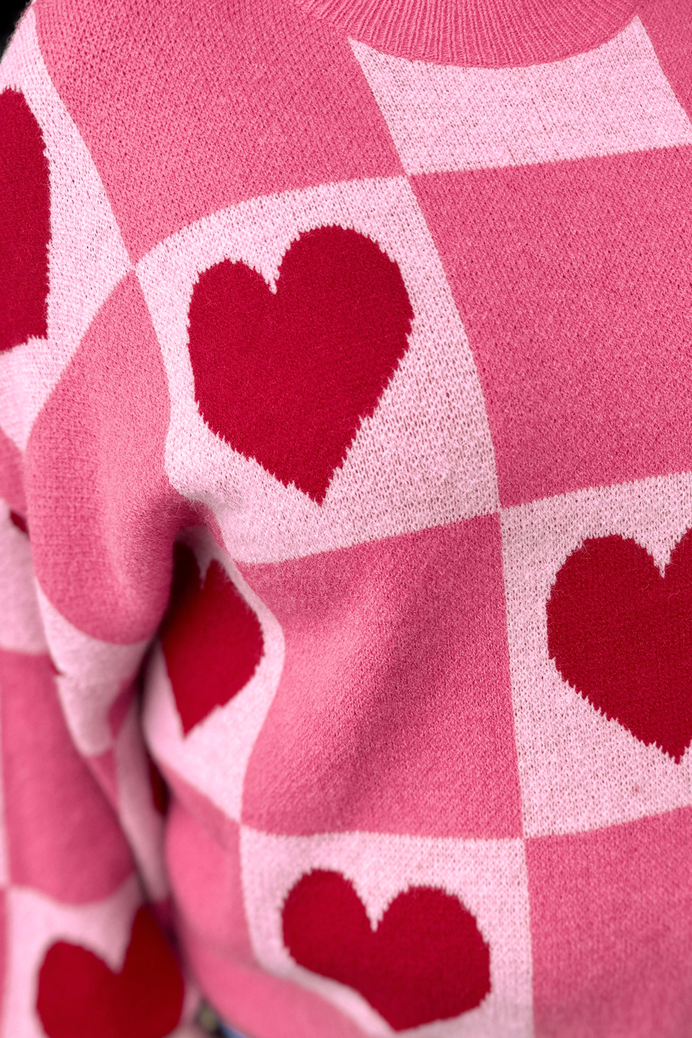 Pink Love Heart Checkered Valentine Crew Neck Sweater - loveforevers
