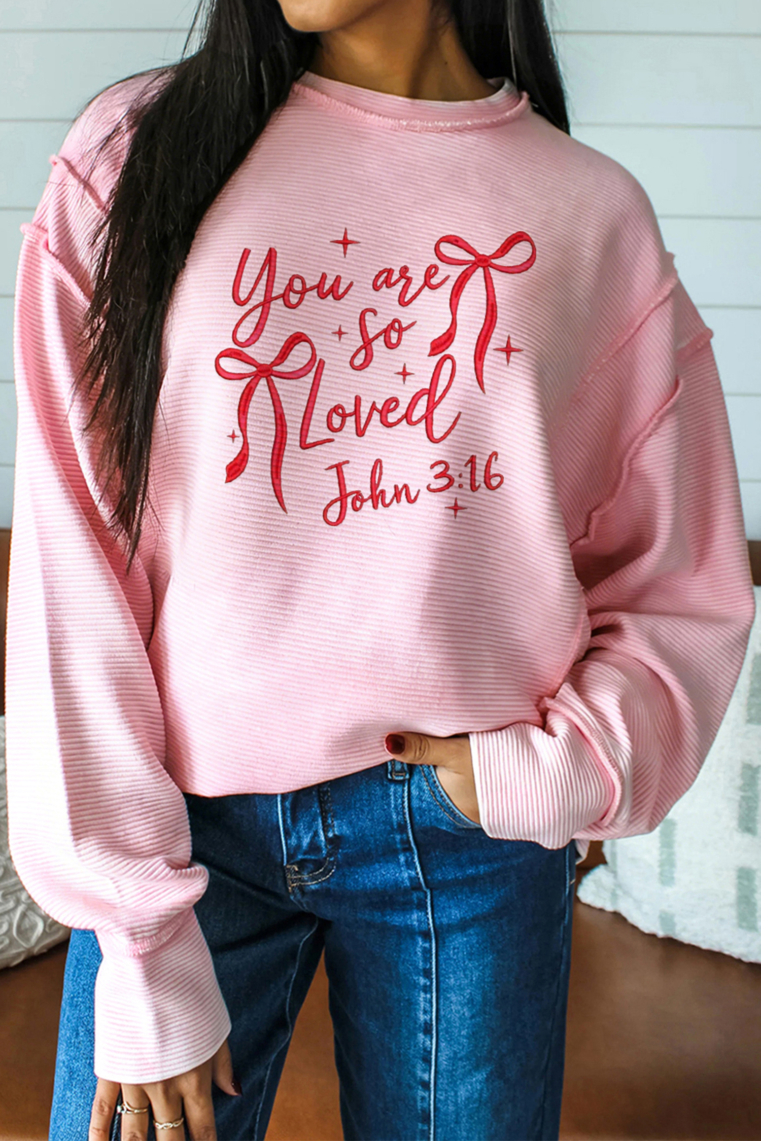Pink you are so loved Valentines Day Bow Embroidered Graphic Pullover Top - loveforevers
