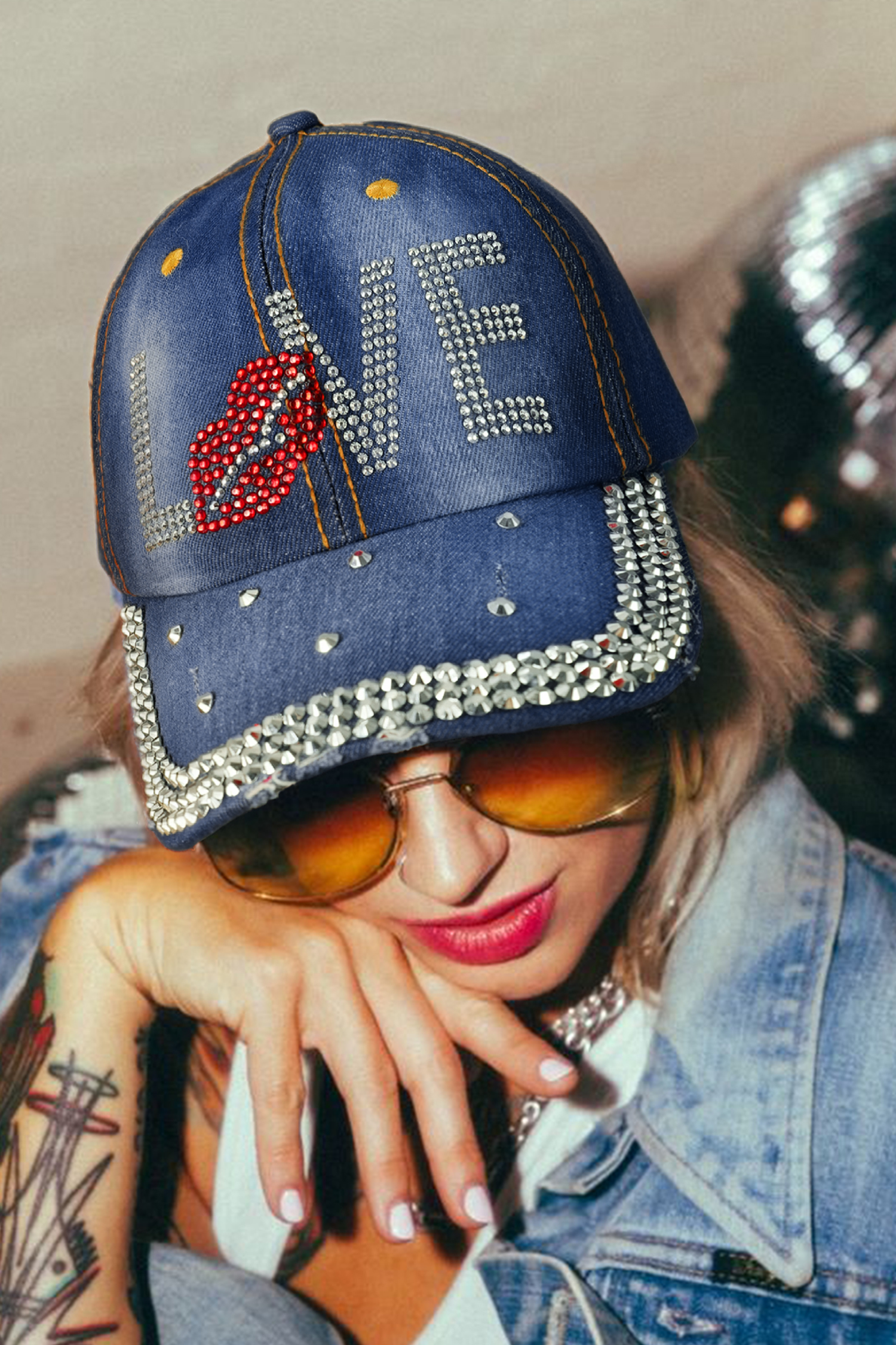 Ashleigh Blue Rhinestone Embellished LOVE Lip Denim Baseball Cap - loveforevers