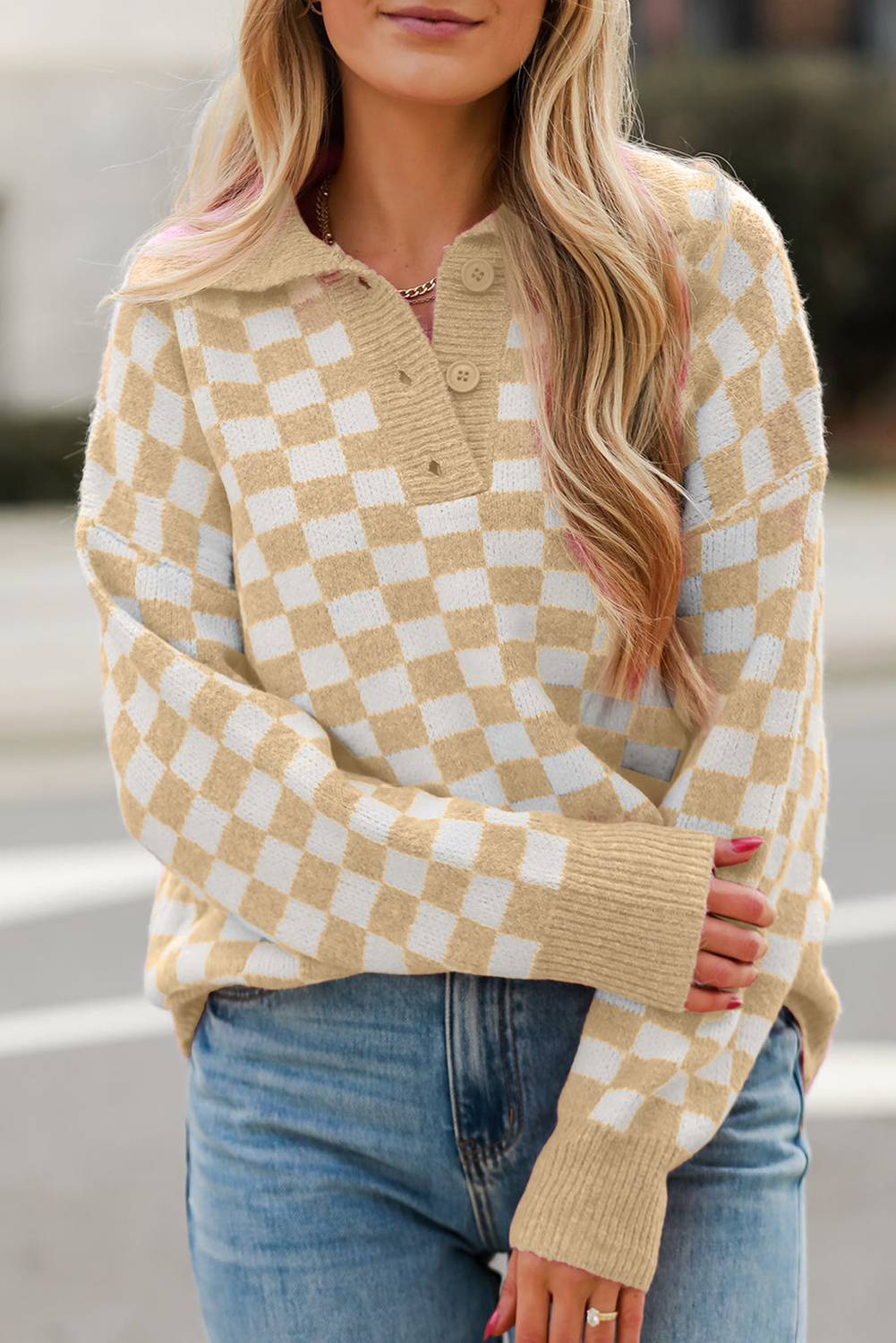 Pink Checkered Buttons Collar V Neck Drop Shoulder Sweater - loveforevers