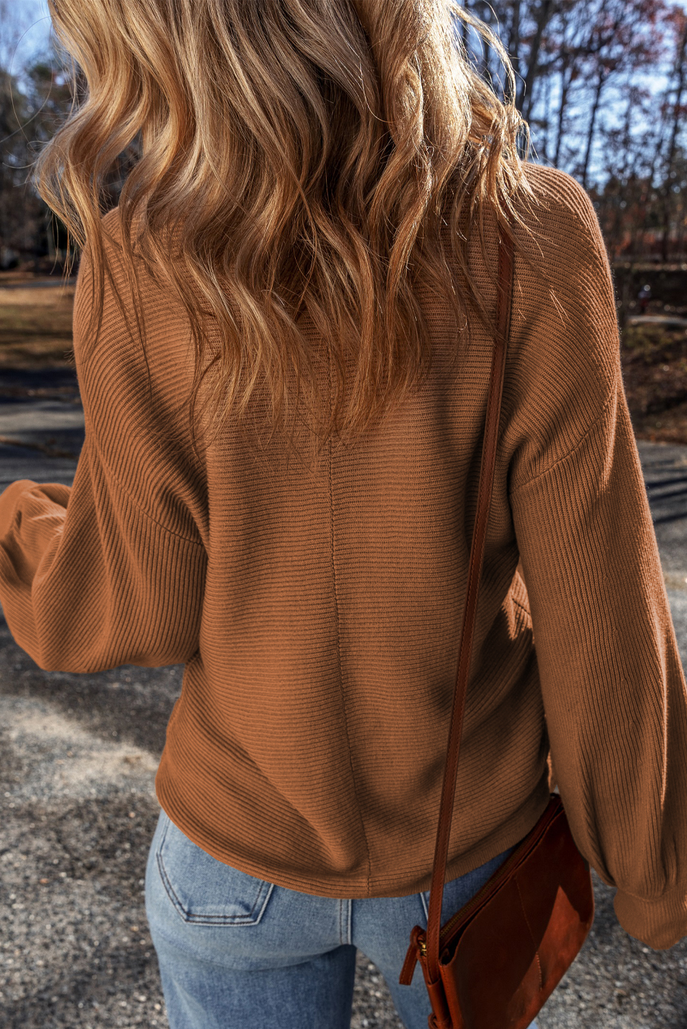 Camel Ribbed Knit Drop Sleeve V Neck Loose Fit Sweater - loveforevers