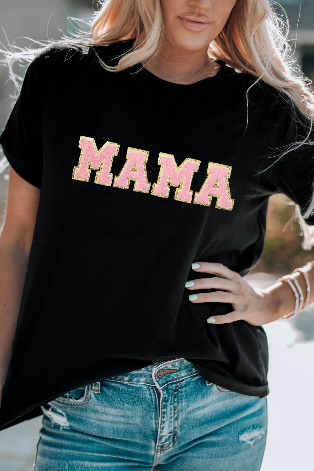 White MAMA Leopard Embroidered Crew Neck Graphic Tee - loveforevers