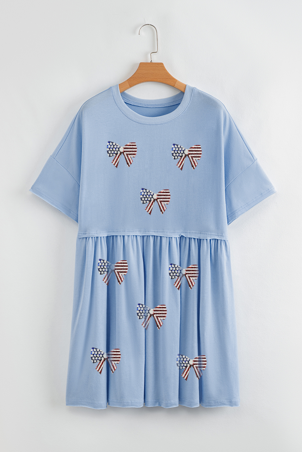 Sky Blue Star and Stripes Sequin Bow Patched T Shirt Babydoll Dress - loveforevers