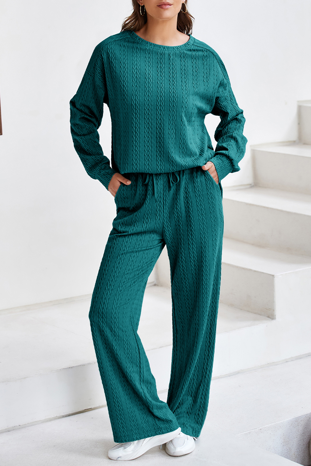 Smoke Green Textured Round Neck Sweatshirt & Loose Drawstring High Waist Pant Set - loveforevers