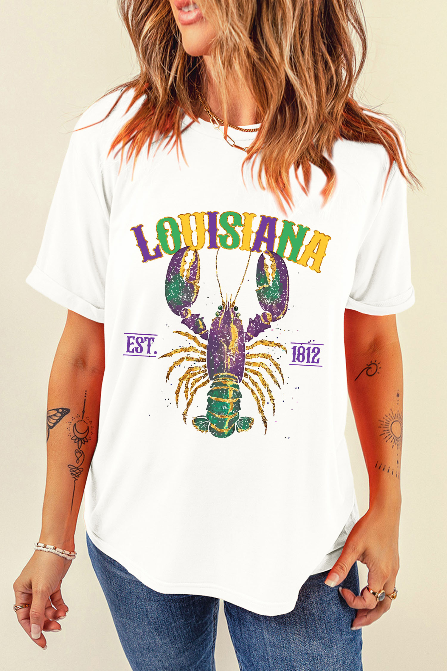 White LOUISIANA Mardi Gras Crayfish Printed Casual T Shirt - loveforevers