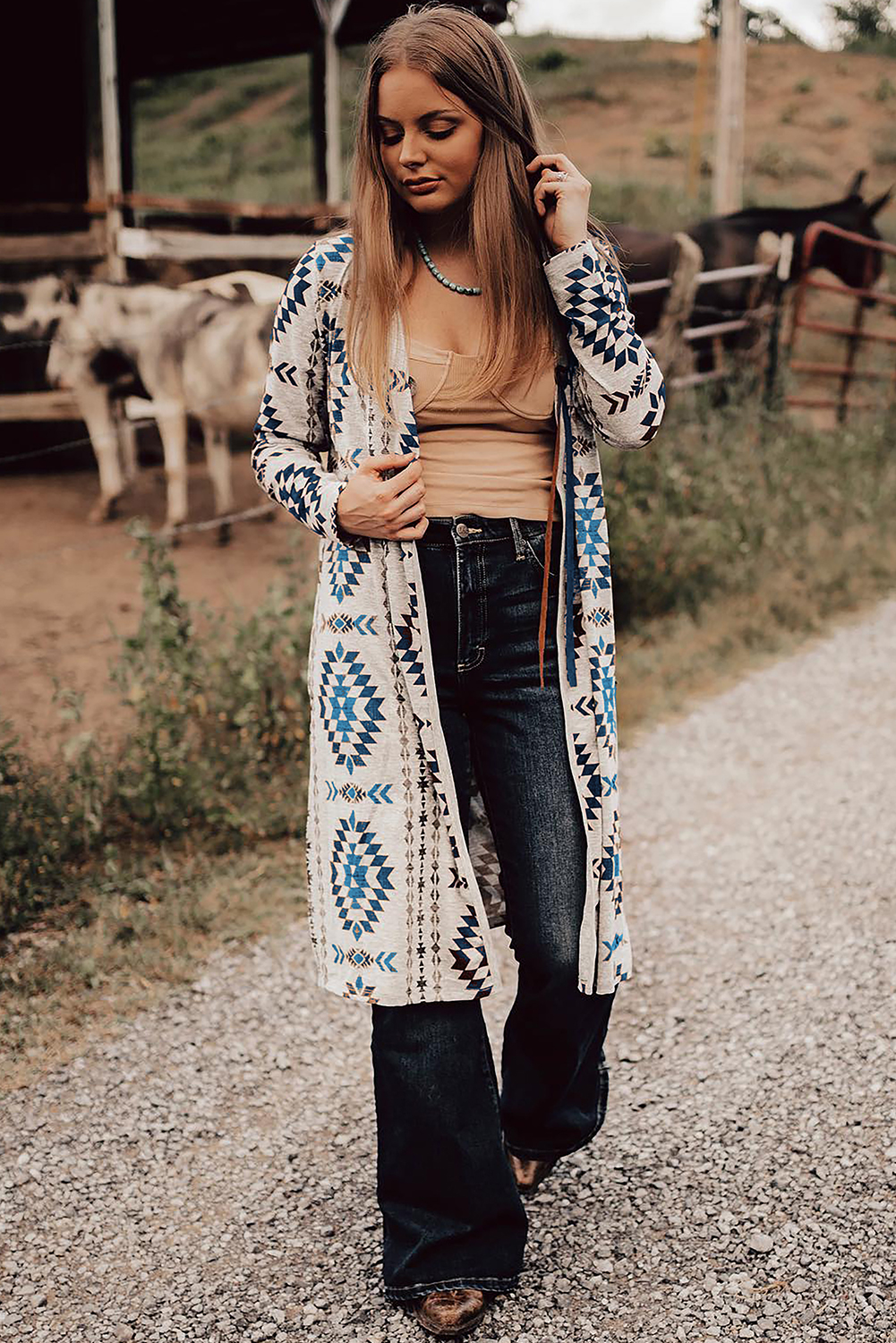 Brown Western Aztec Printed Open Front Long Cardigan - loveforevers