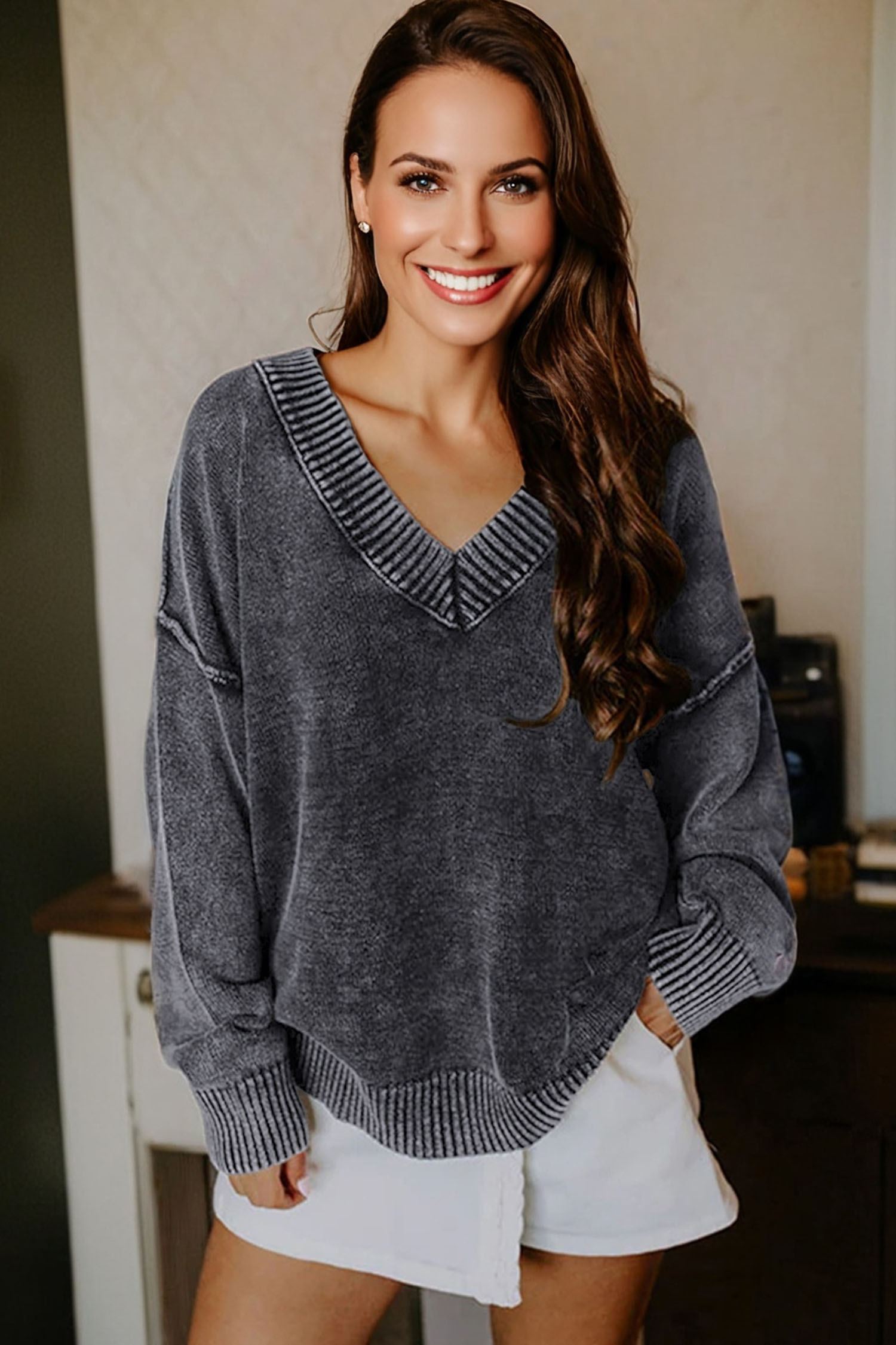 Four Leaf Clover Mineral Wash V Neck Knit Exposed Seam Drop Shoulder Loose Sweater - loveforevers