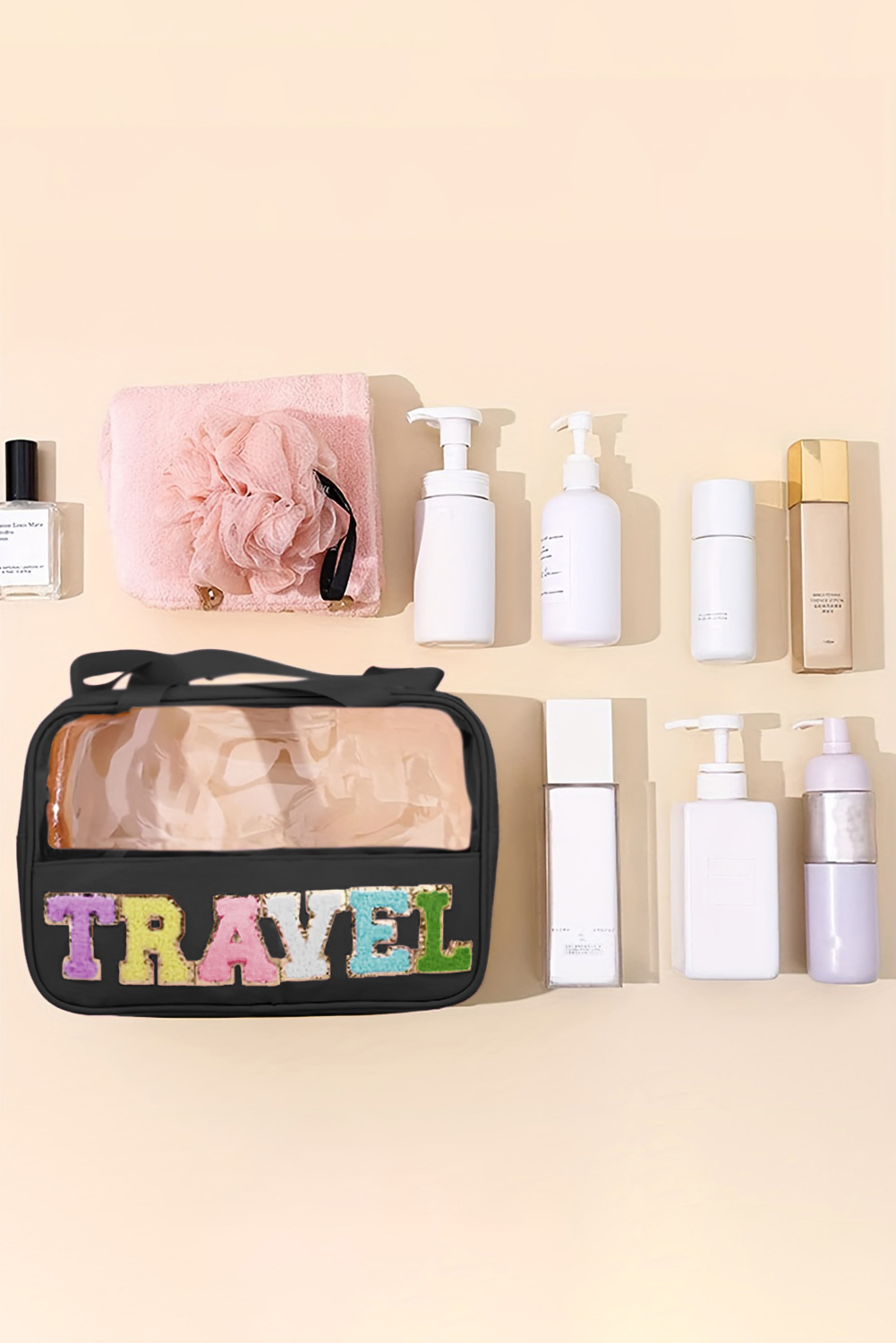 Light Pink TRAVEL Chenille Letter Clear PVC Makeup Bag - loveforevers