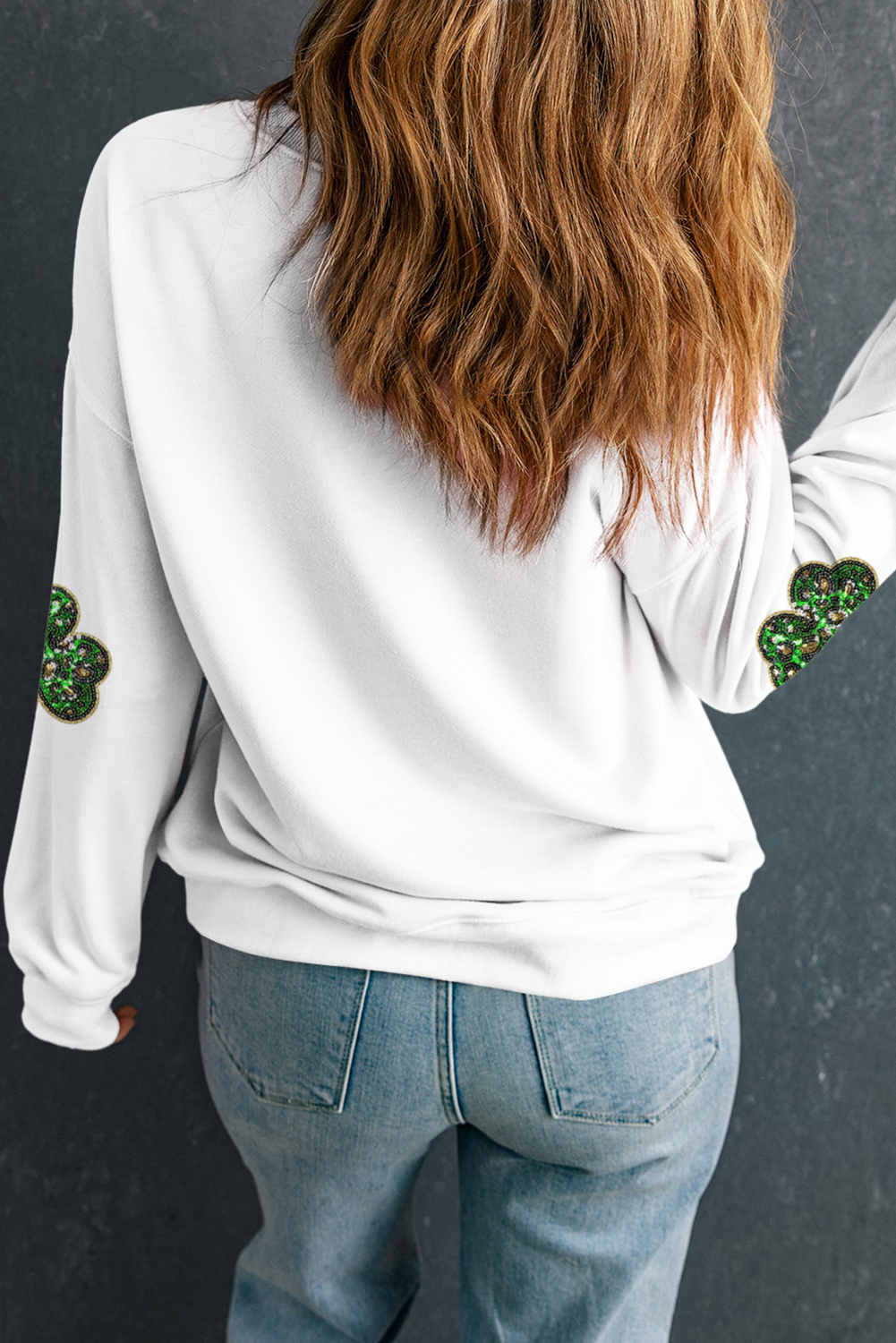 White Sequin Clover Patched Pattern St Patrick Pullover Sweatshirt - loveforevers