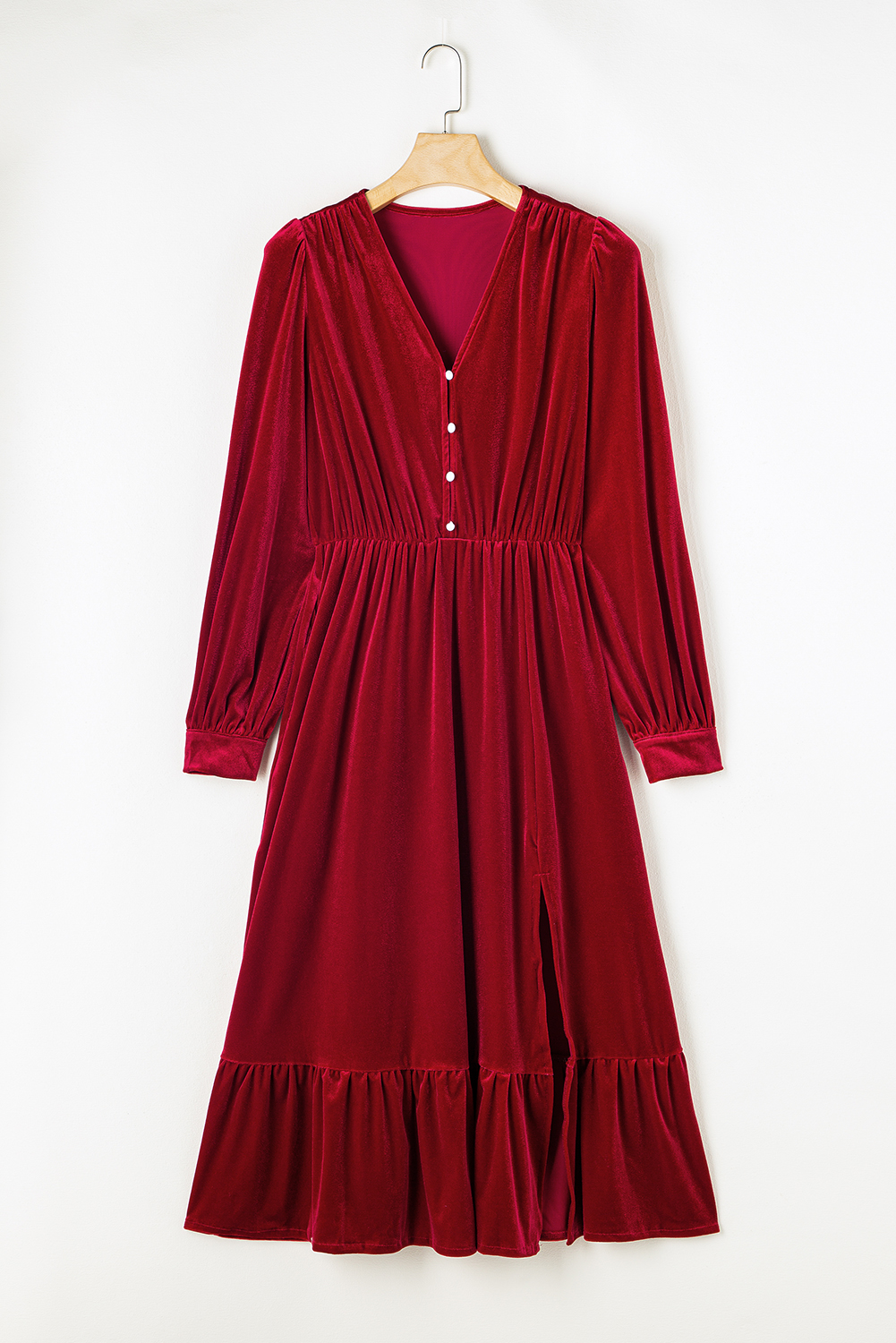 Dearlove Racing Red Velvet Buttoned Puff Sleeve V Neck Split Midi Dress - loveforevers