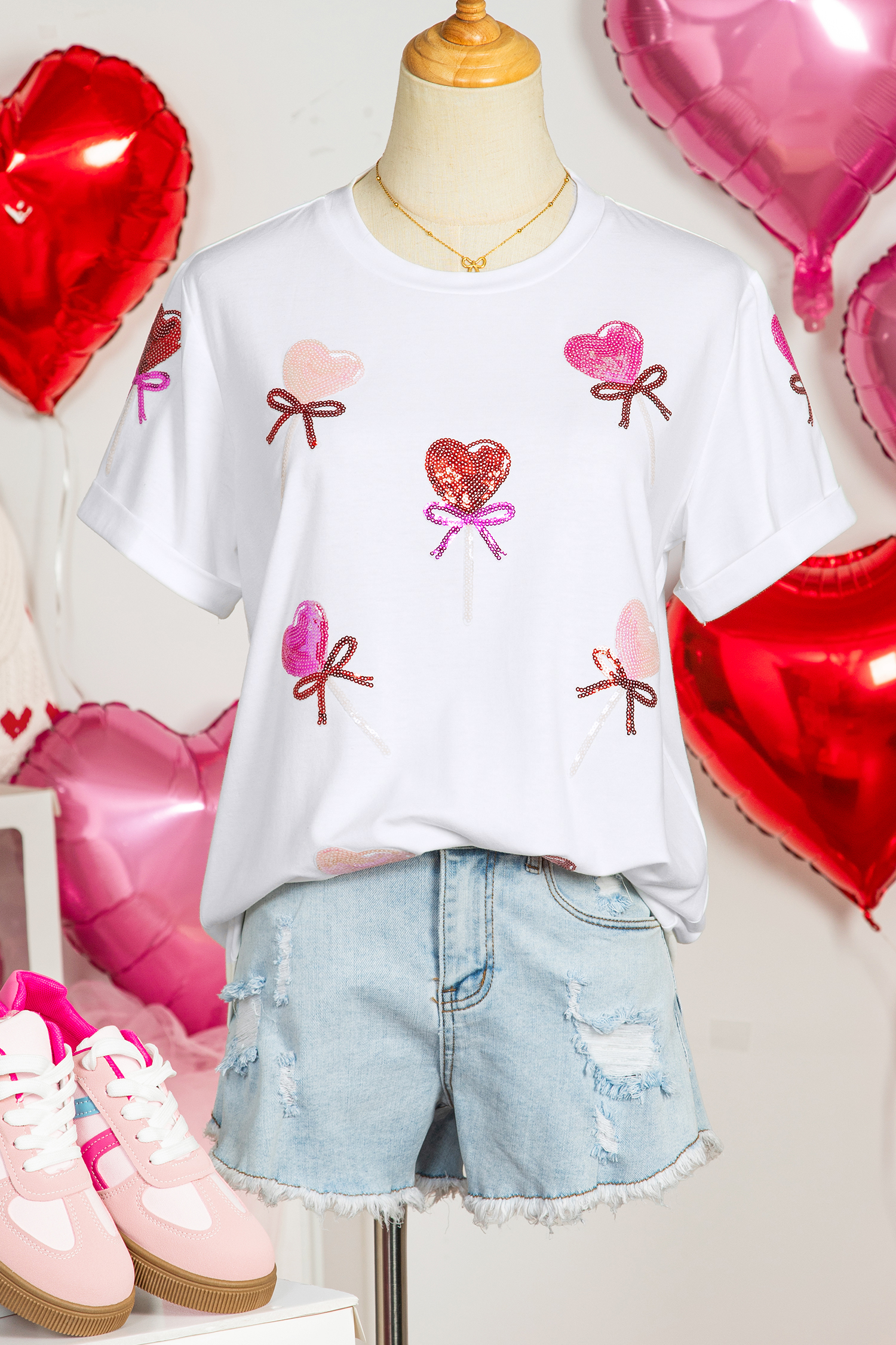White Sequin Bow Heart Shape Lolly Valentines Day Graphic Tee - loveforevers