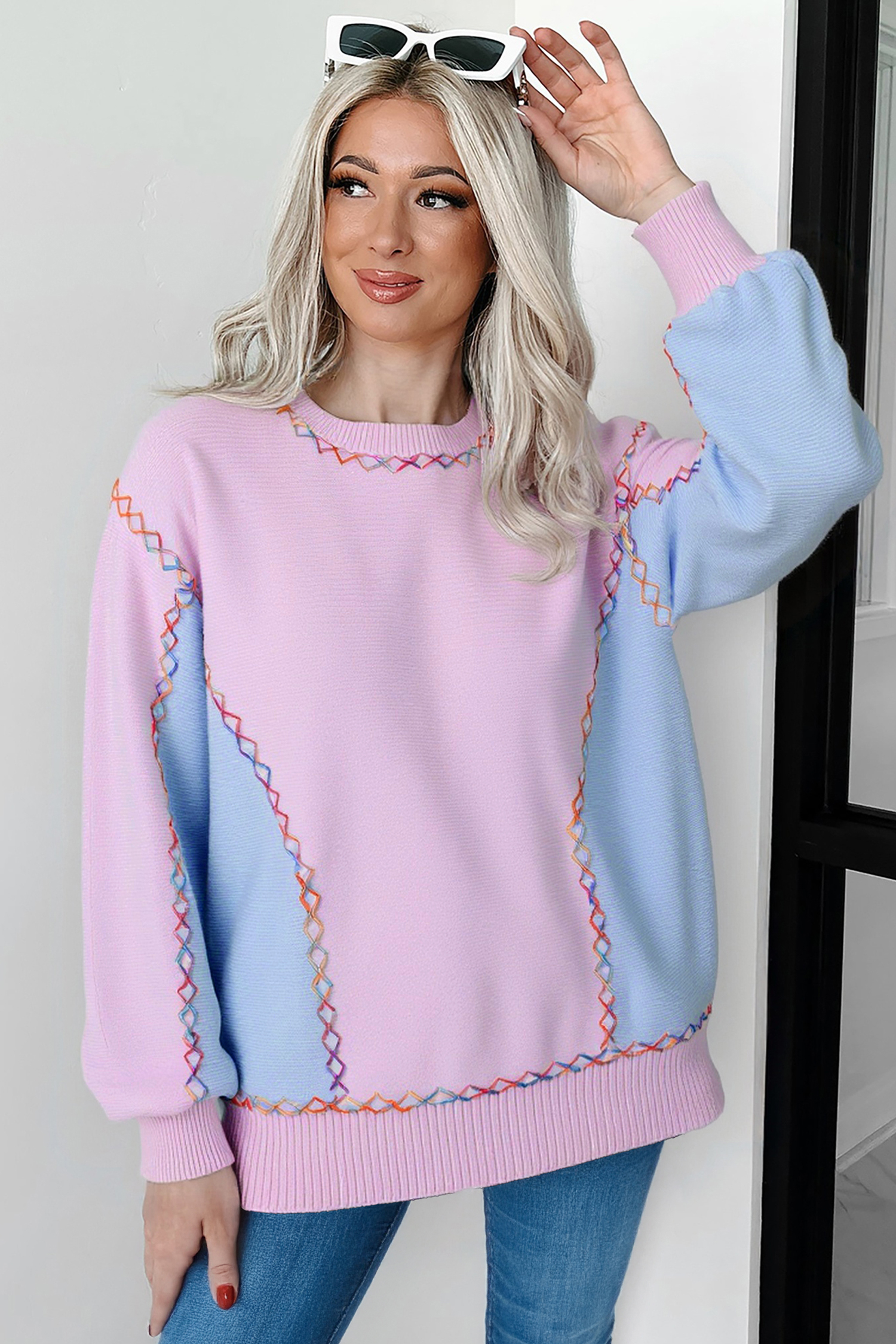 White Rainbow Stitching Balloon Sleeve Relaxed Sweater - loveforevers