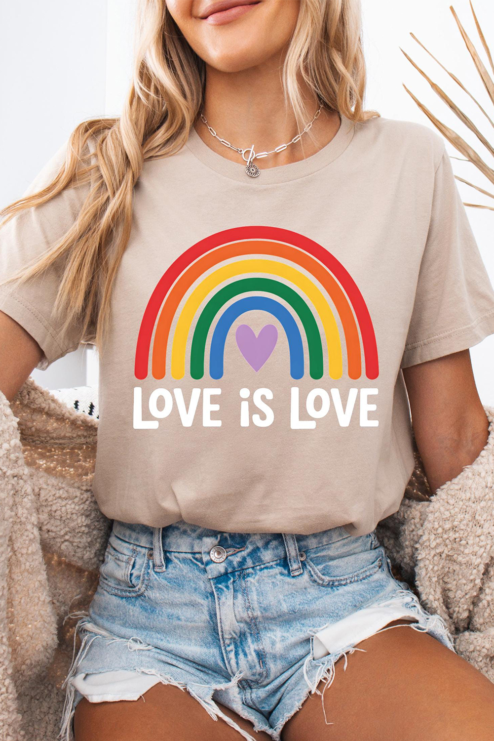 Khaki Love is Love Rainbow Heart Printed Cotton Blend T Shirt - loveforevers