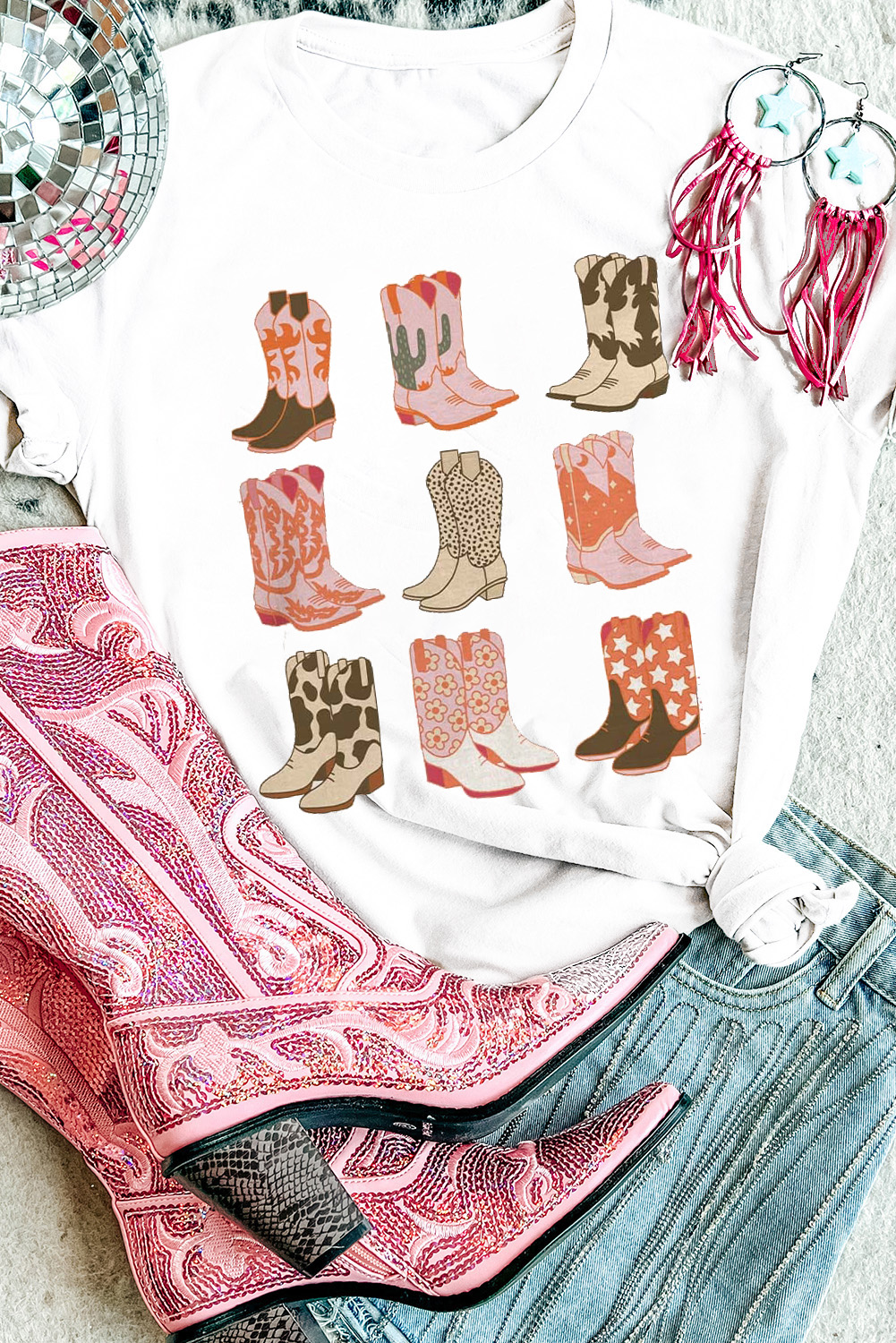 White Western Cowboy Boots Print Round Neck T Shirt - loveforevers
