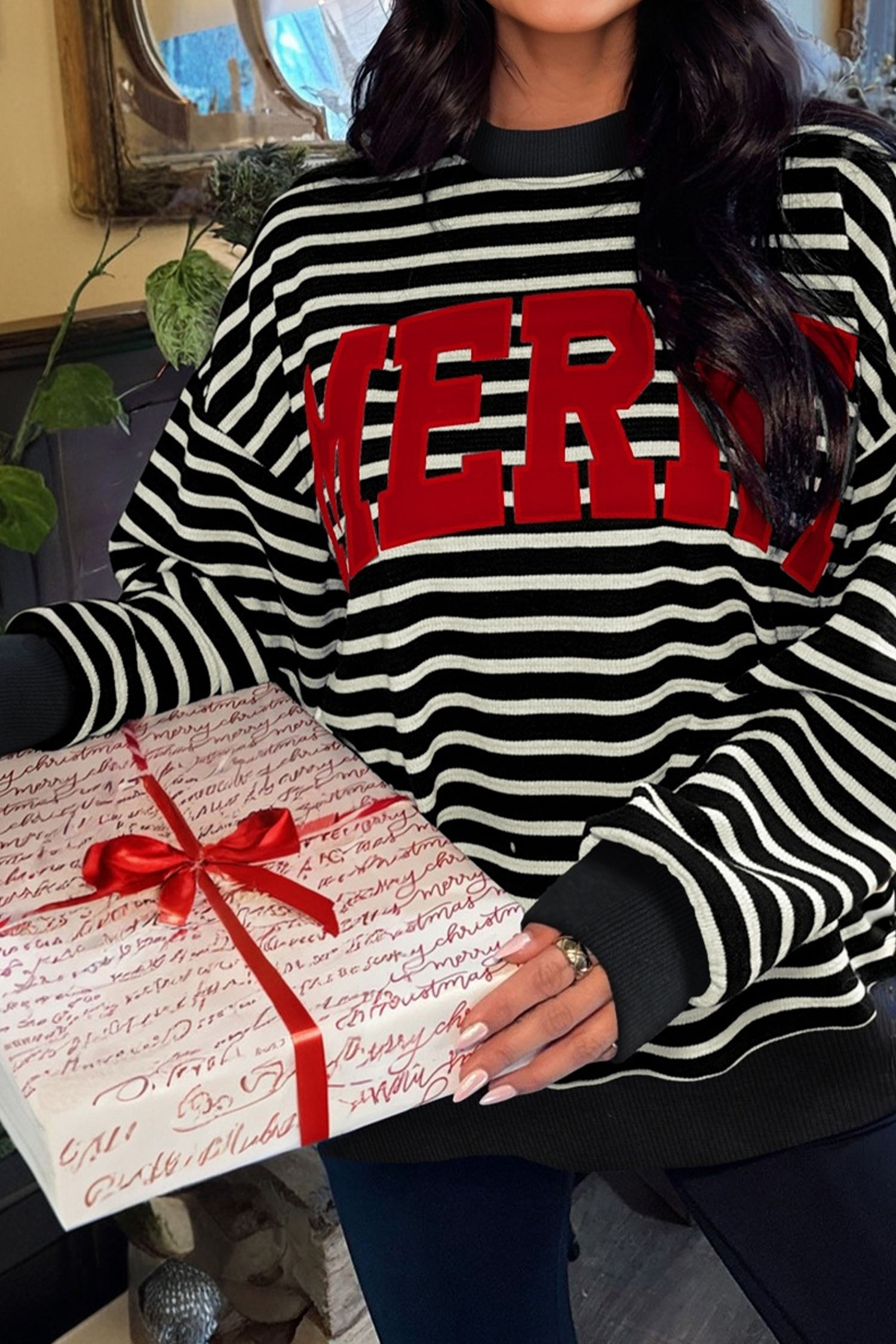 White Stripe Contrast MERRY Letter Christmas Print Drop Shoulder Sweatshirt - loveforevers