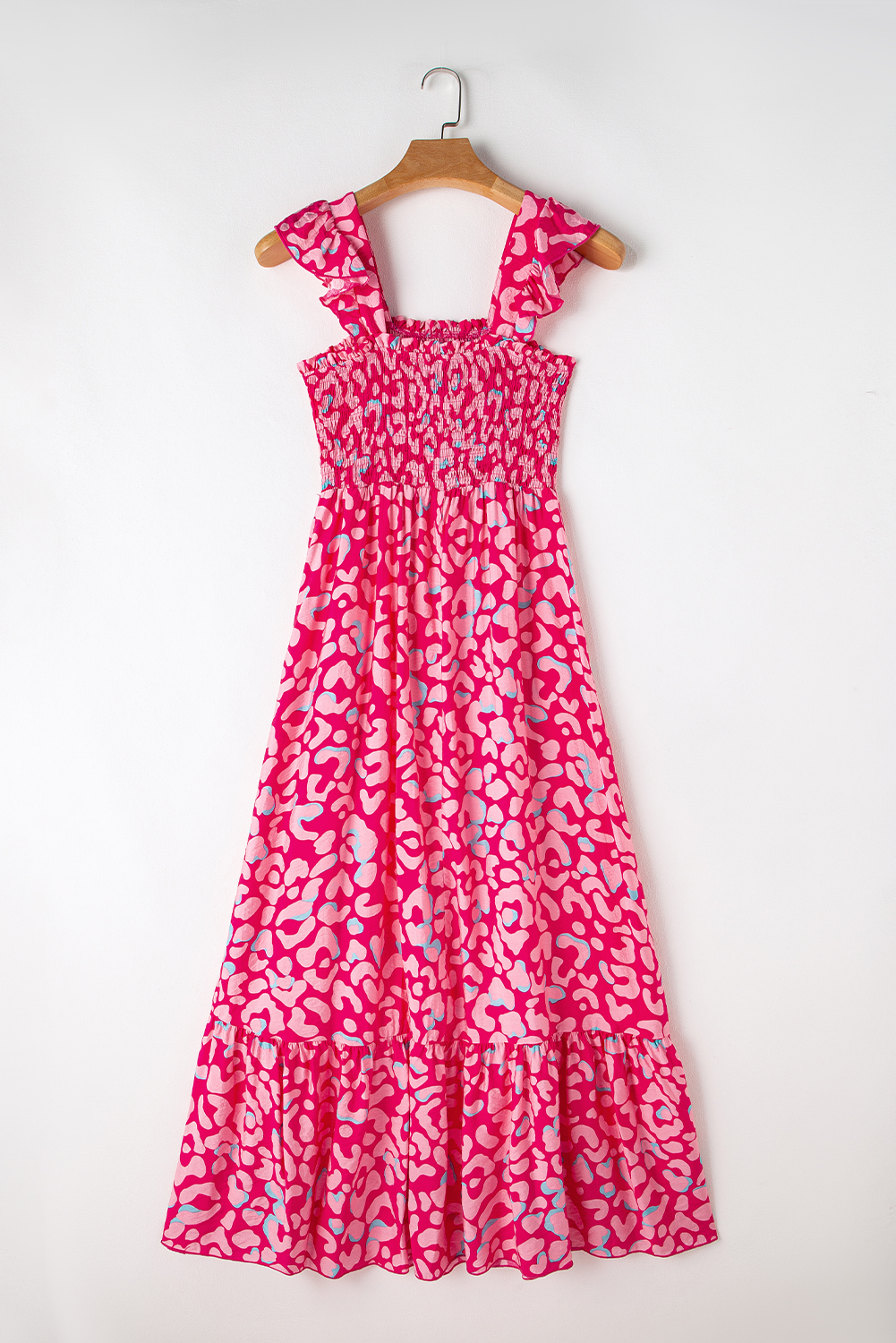 Pink Leopard Ruffle Straps Smocked High Waist Long Dress - loveforevers