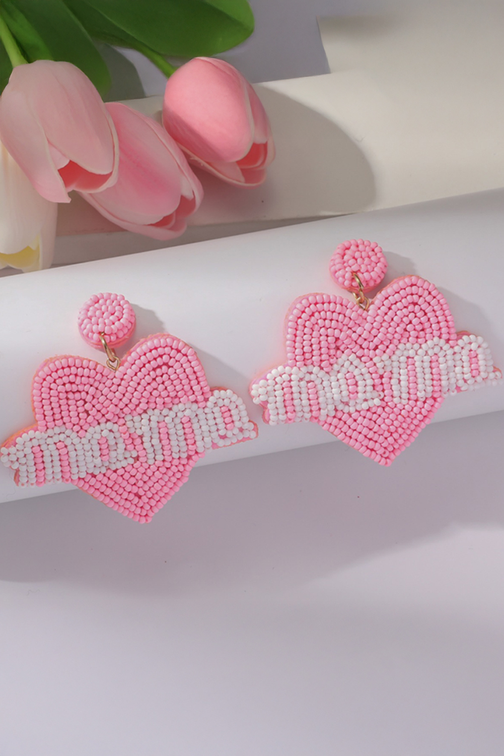 Bonbon Mama Heart Shape Beaded Stud Earrings - loveforevers