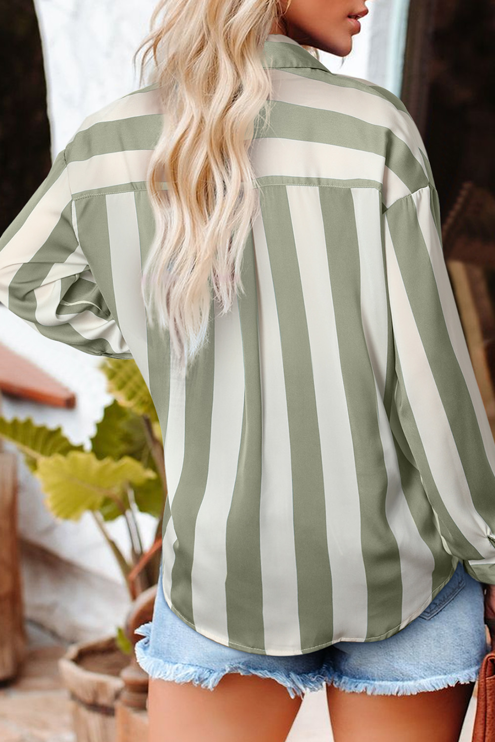 Green Striped Soft Relaxed Button Up Shirt - loveforevers