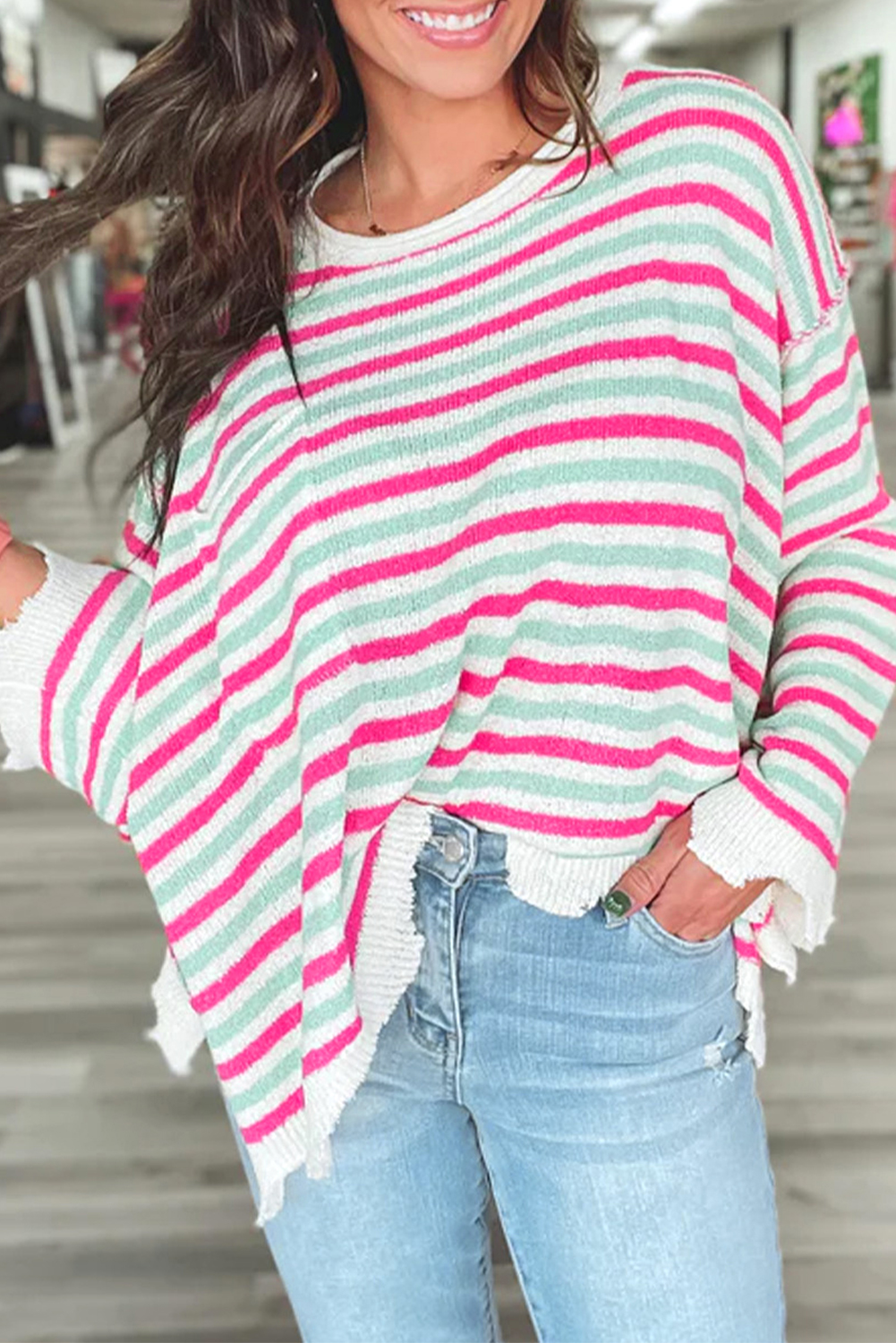 Rose Stripe Oversized Drop Shoulder Sweater with Pocket - loveforevers