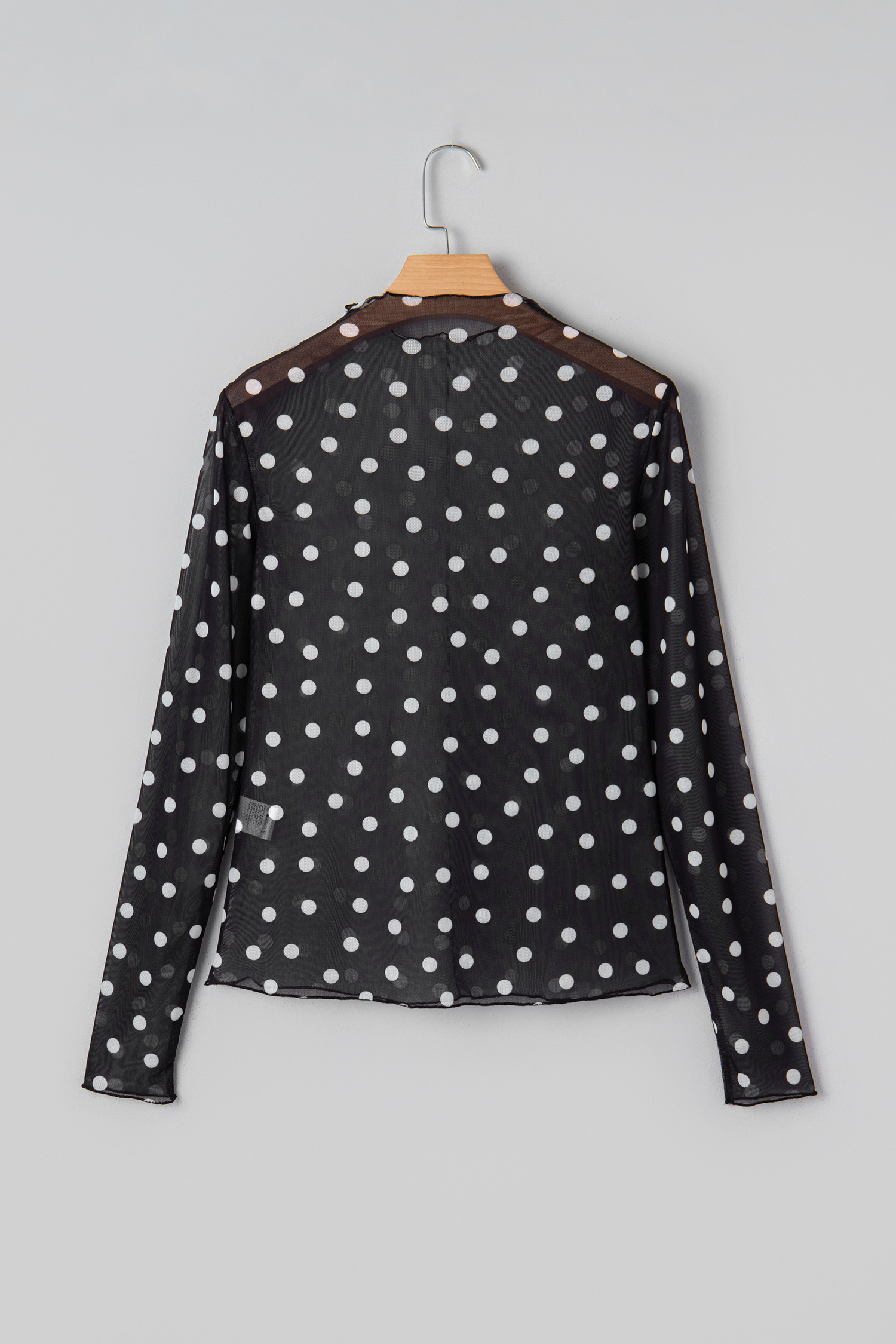 Black Polka Dot Patterned Bodycon Mock Neck Mesh Long Sleeve Top - loveforevers
