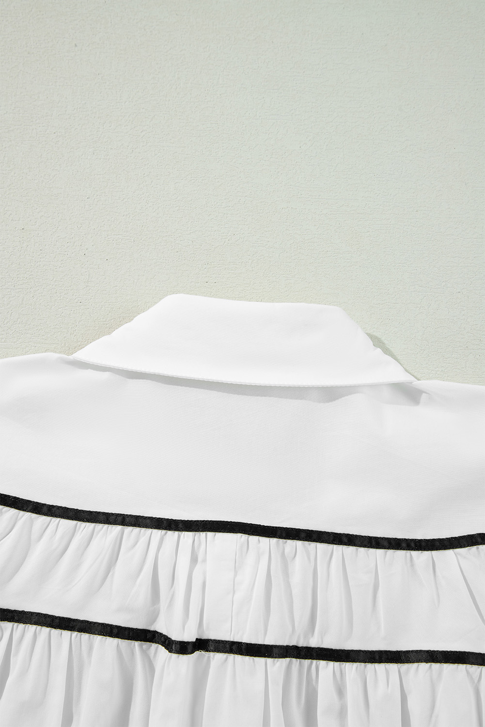 White Black Pipping Ribbon Bowtie Collared Ruffled Puff Sleeve Shirt - loveforevers