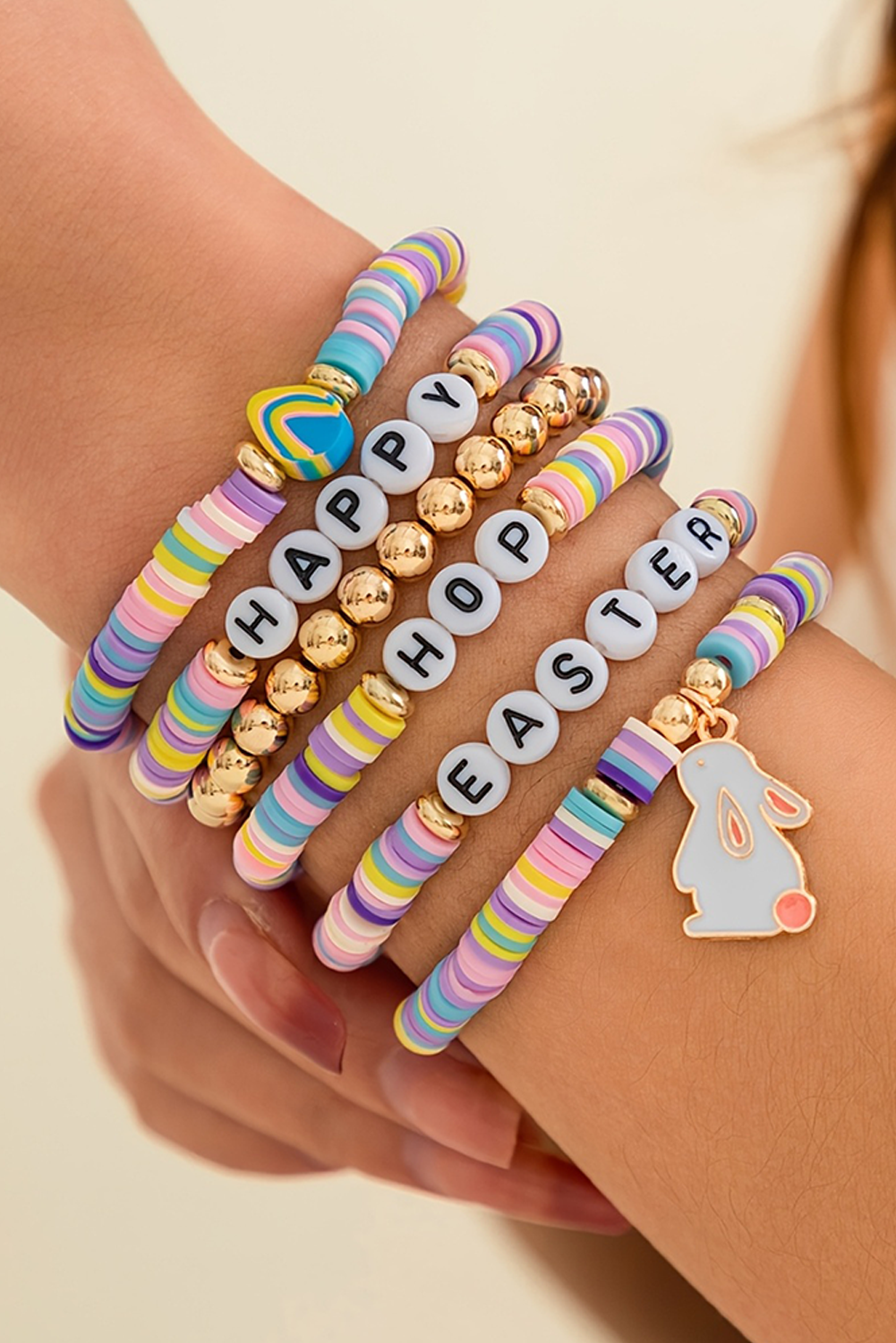 Gold Happy Easter Letter Beaded Elastic Multi Layer Bracelet - loveforevers