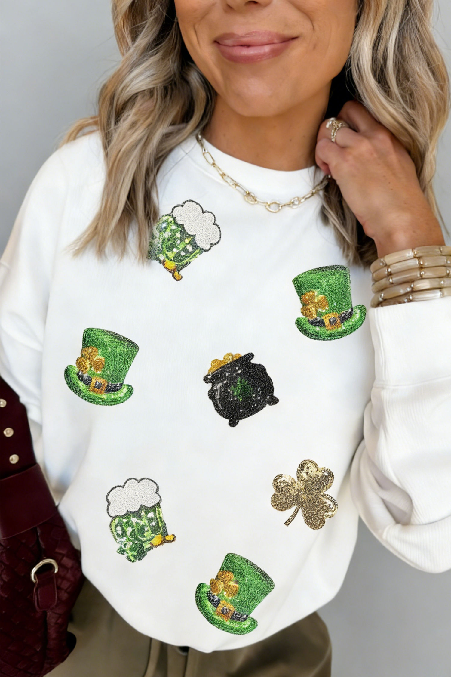 White Cheerful St Patricks Day Sequin Graphic Sweatshirt - loveforevers