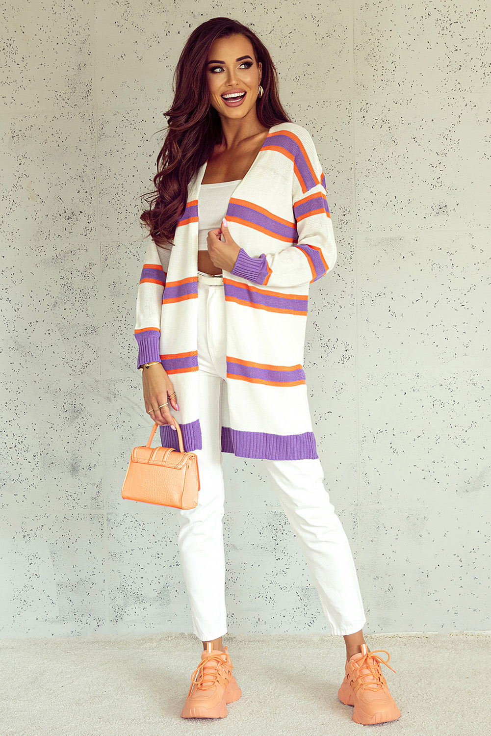 Beige Striped Long Sleeve Ribbed Trim Button Cardigan - loveforevers