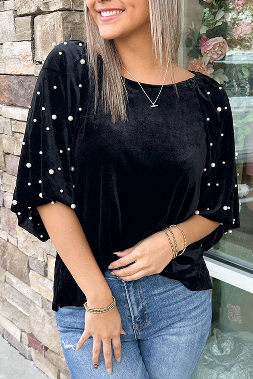 Black Pearl Beaded Half Sleeve Velvet Top - loveforevers