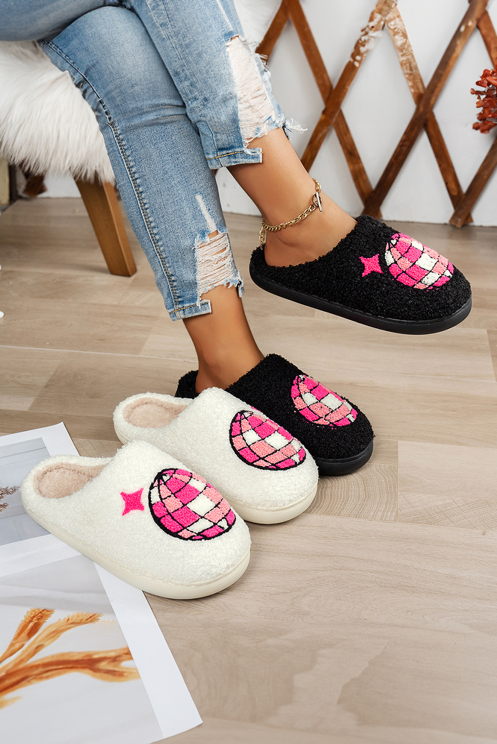 Black Disco Ball Print Fuzzy Winter House Slippers - loveforevers