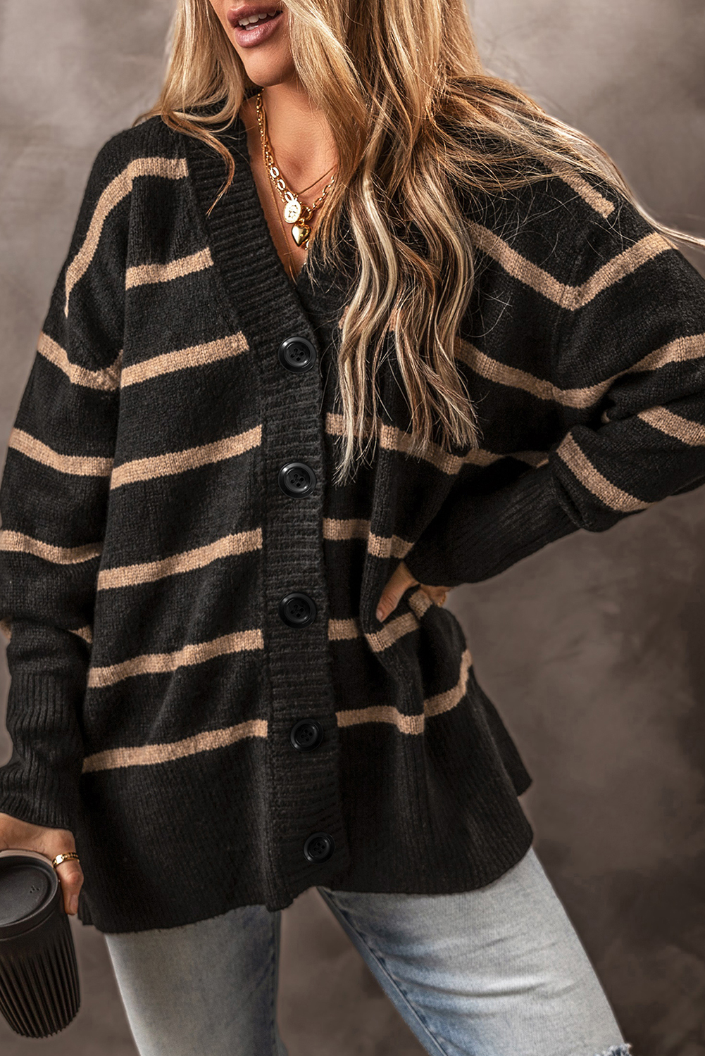Black Stripe Buttoned V Neck Drop Shoulder Loose Cardigan - loveforevers